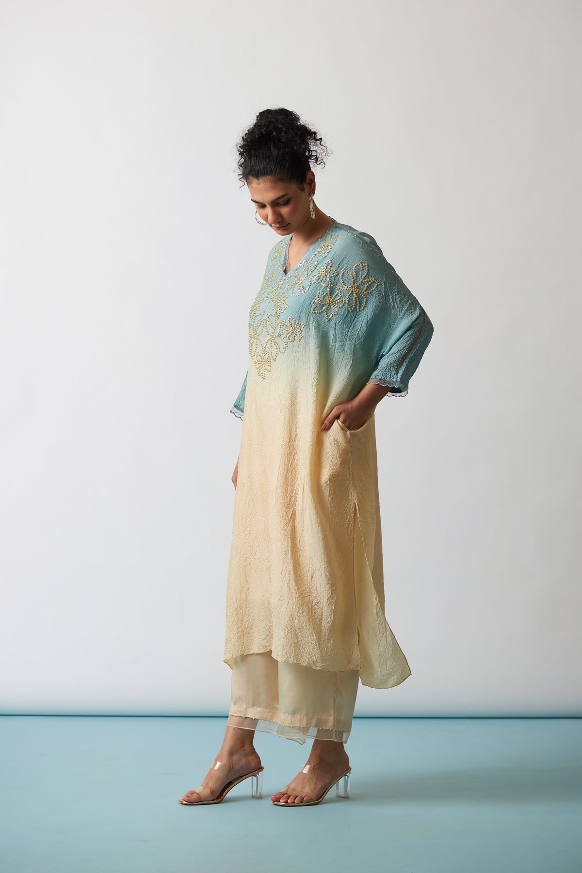 Cloud Blue Ombre Crushed silk Kaftan set