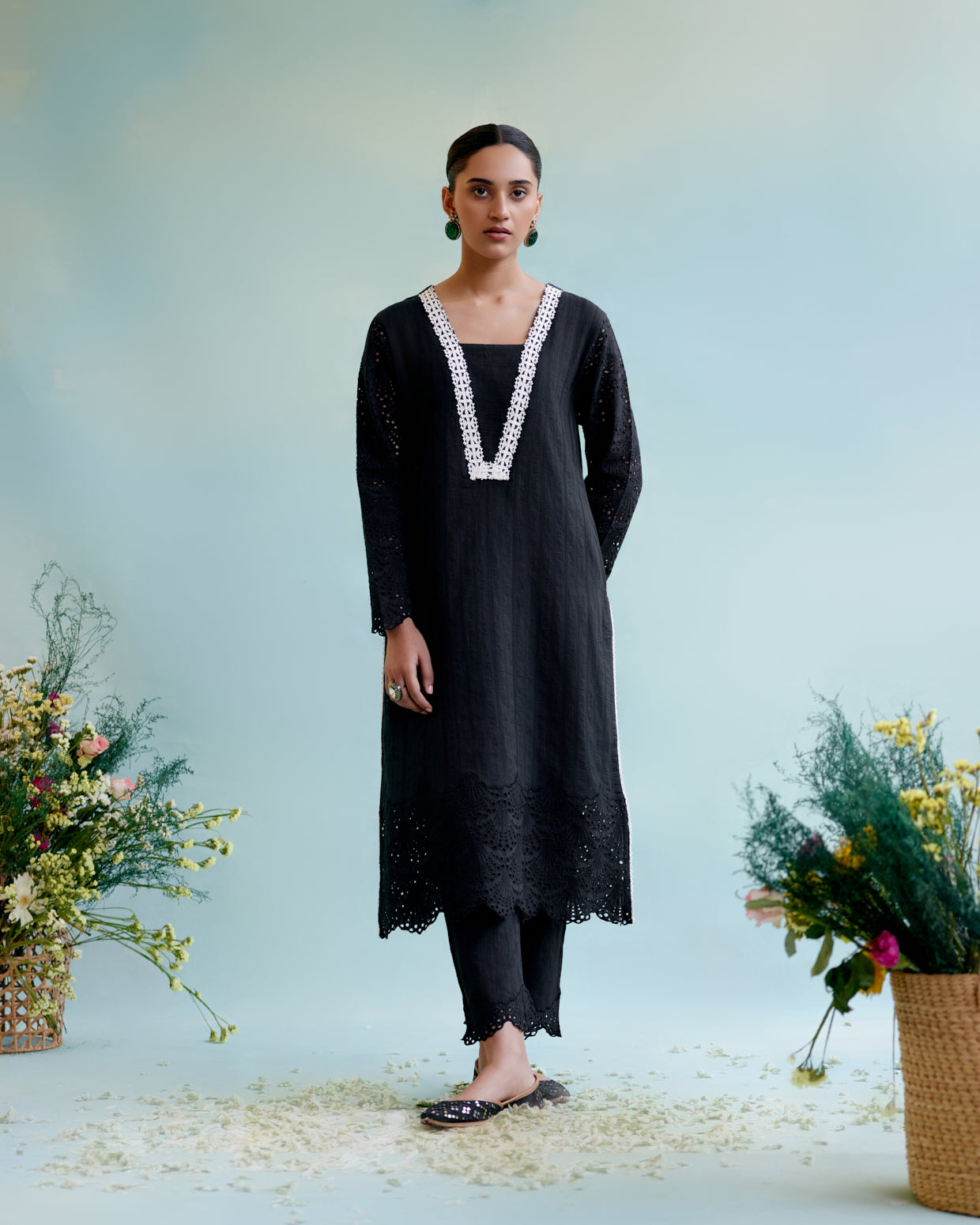 Black Blossom Kurta in Cotton Dobby with Lace Detaling and Scallop Sleeves with Narrow Pants