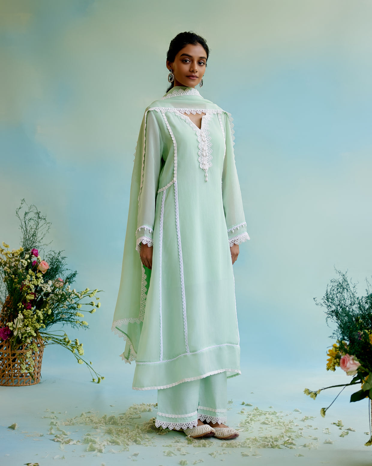 Mint Frost Organza Dupatta with lace detailing