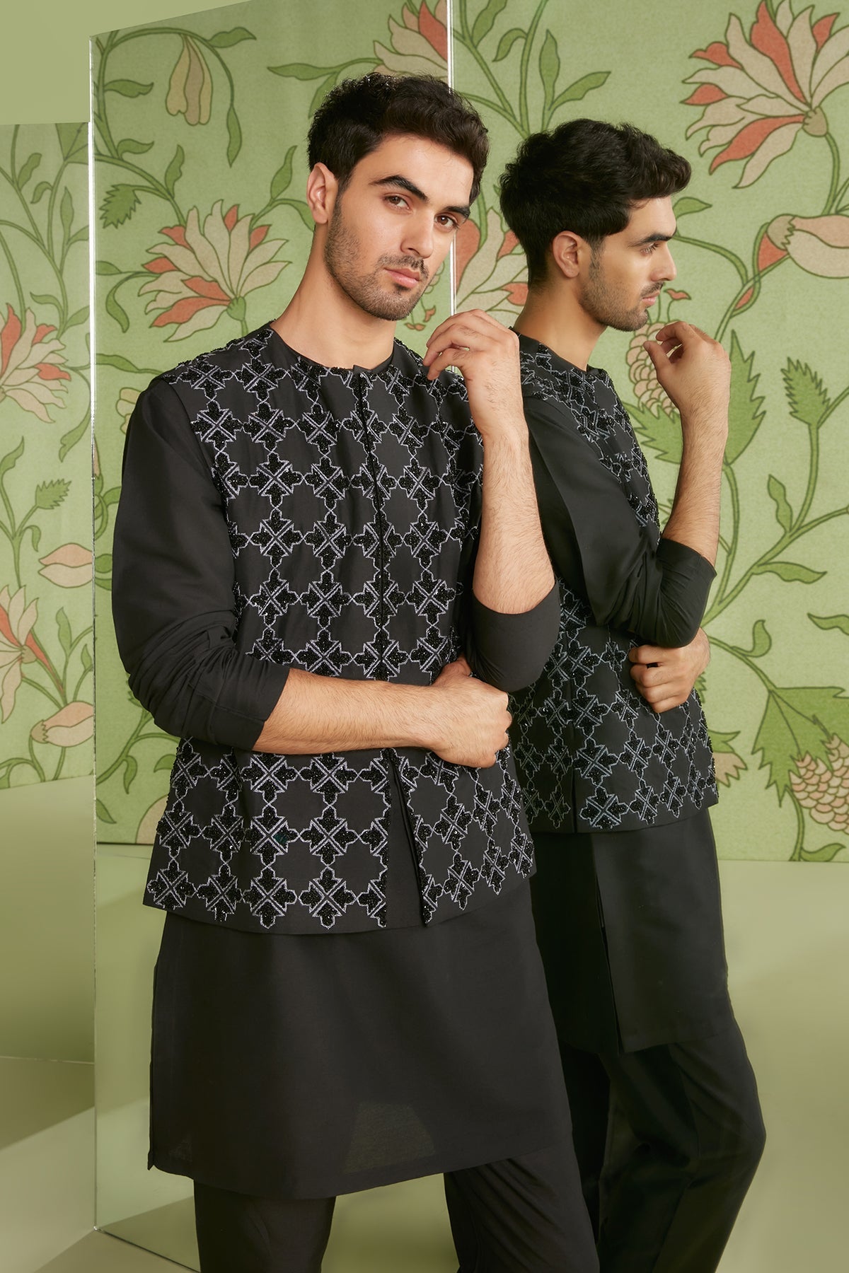 Black Without Collar Bundi Kurta Set