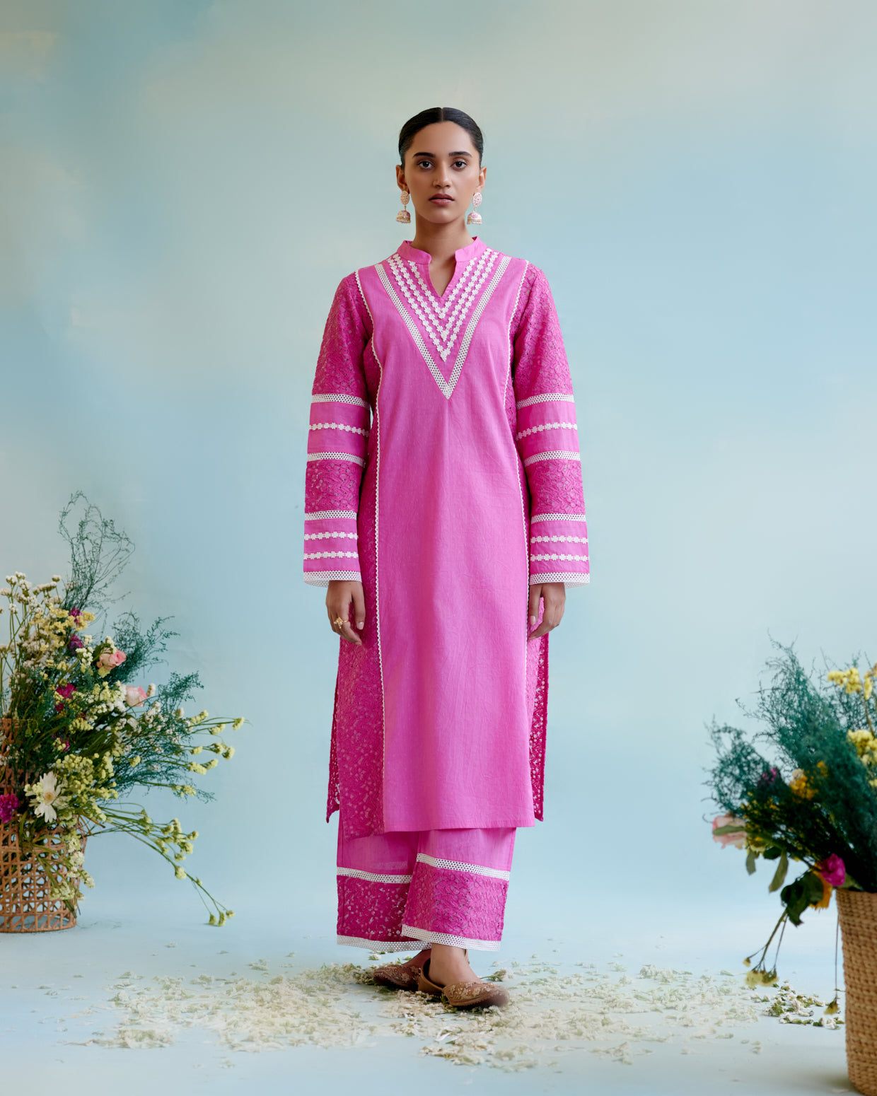 Neon Pink Kurta in Cotton Dobby and Schiffli fabric with Delicate Lace Detaling with Wide Leg Pants