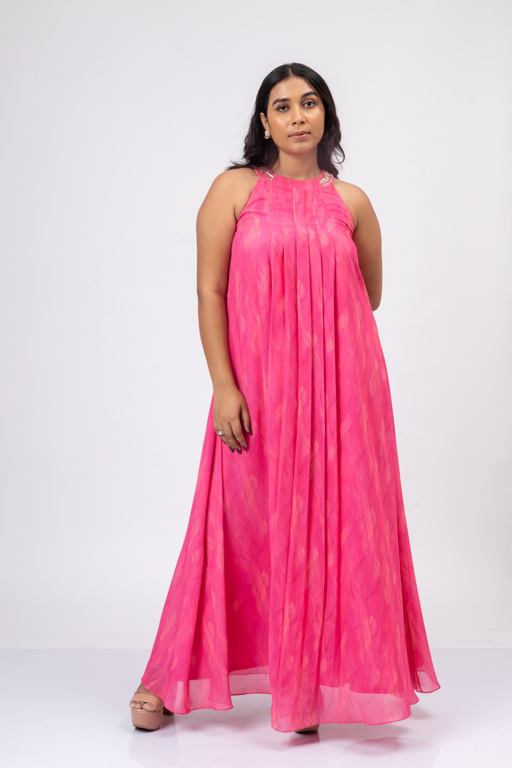 Irises Pink Halter Neck Maxi Dress