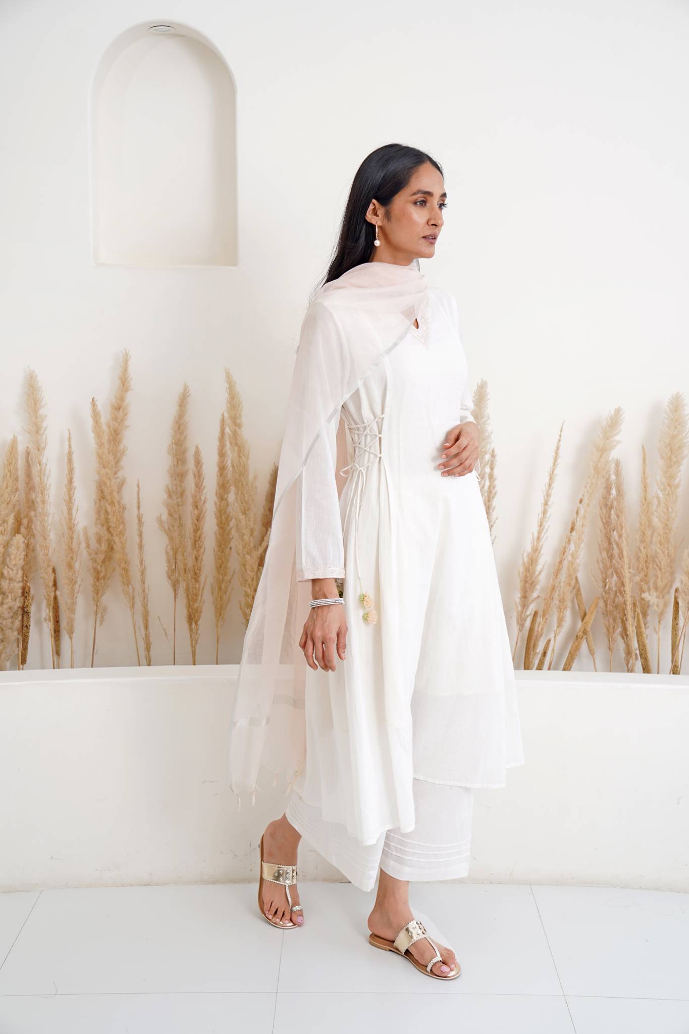 Ivory Cashmere Kurta with Wide Leg Pants- Set of 2