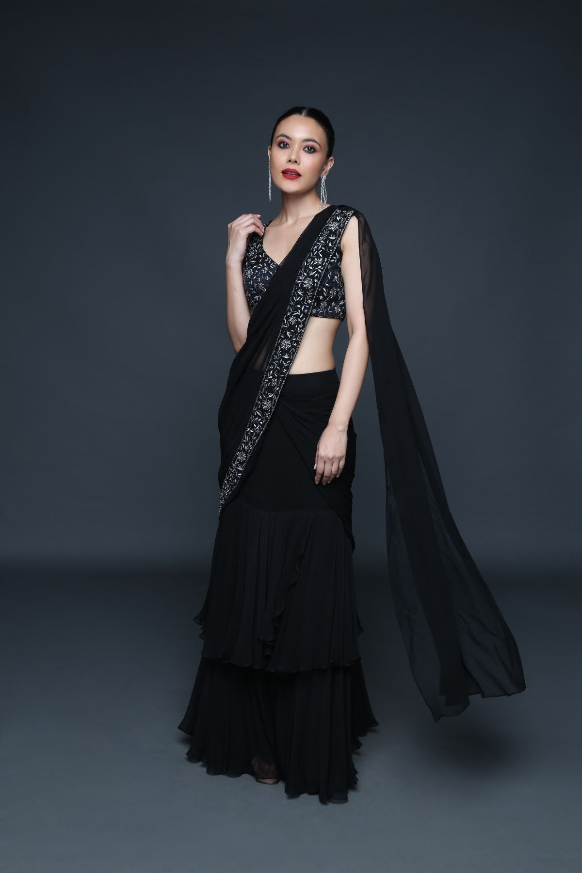 Black Pre Draped Ruffle Saree