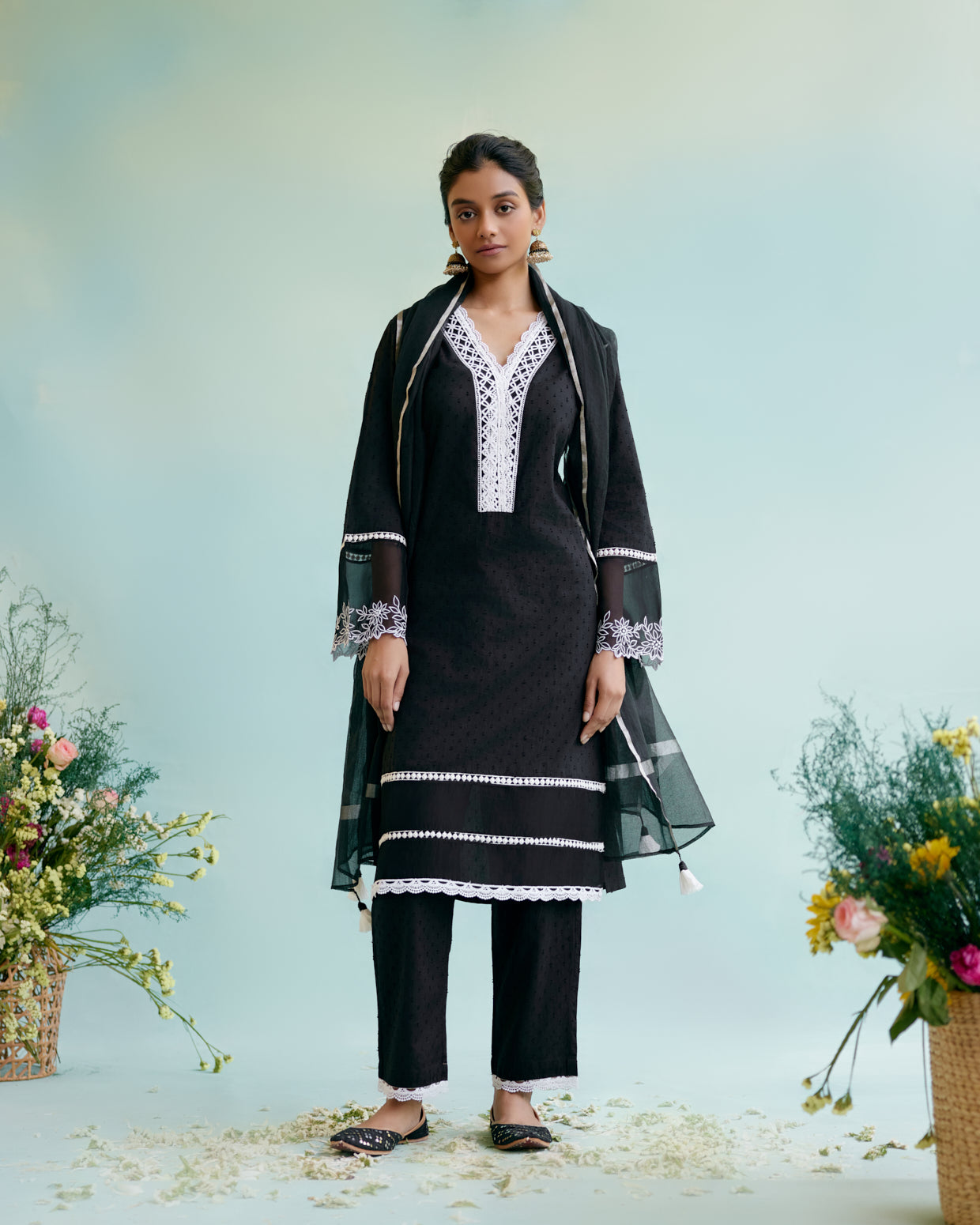 Black Lily Satka Net Dupatta with lace detailing and hand made tassels