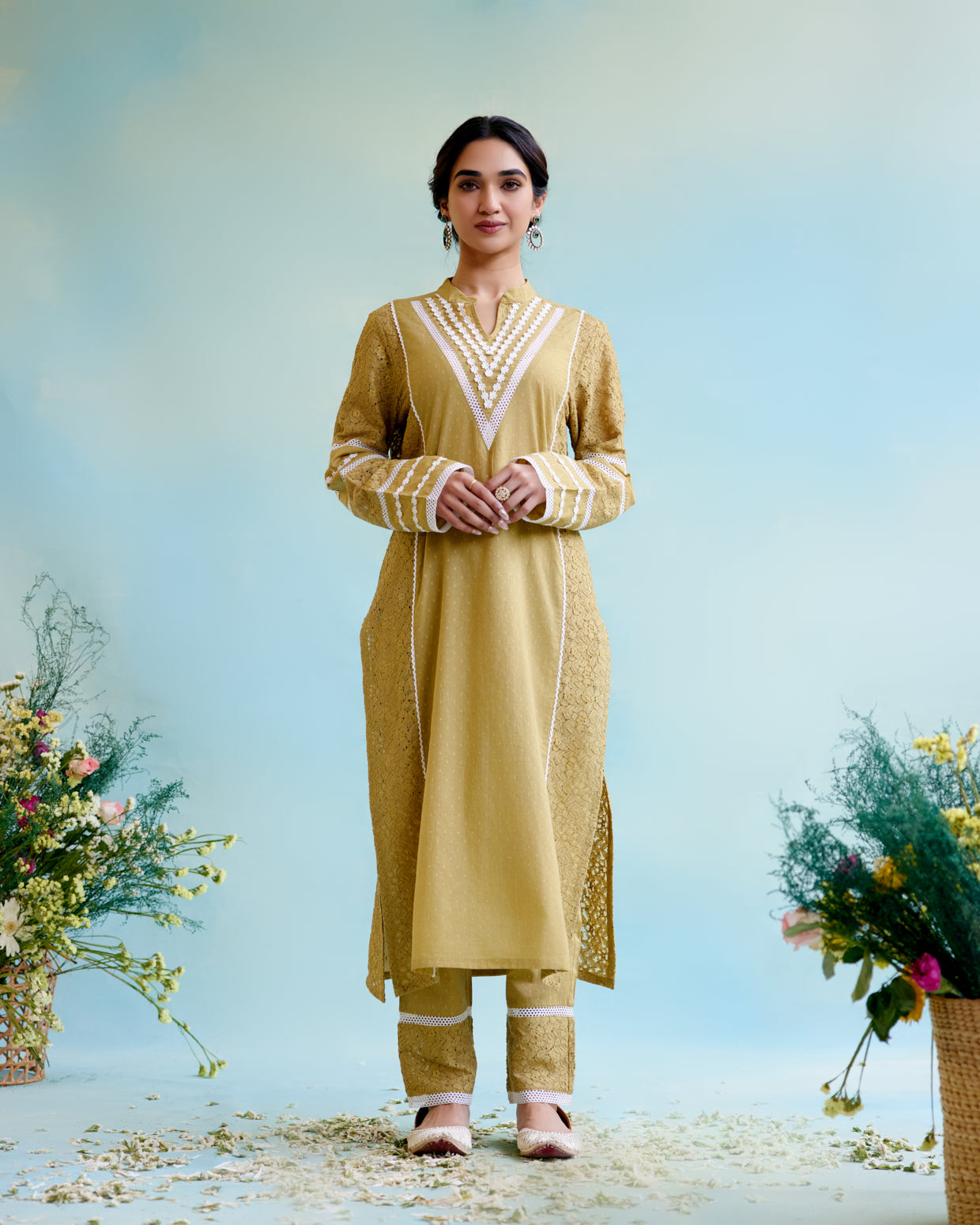 Olive Brown Kurta in Cotton Dobby and Schiffli fabric with Delicate Lace Detaling with Narrow Pants