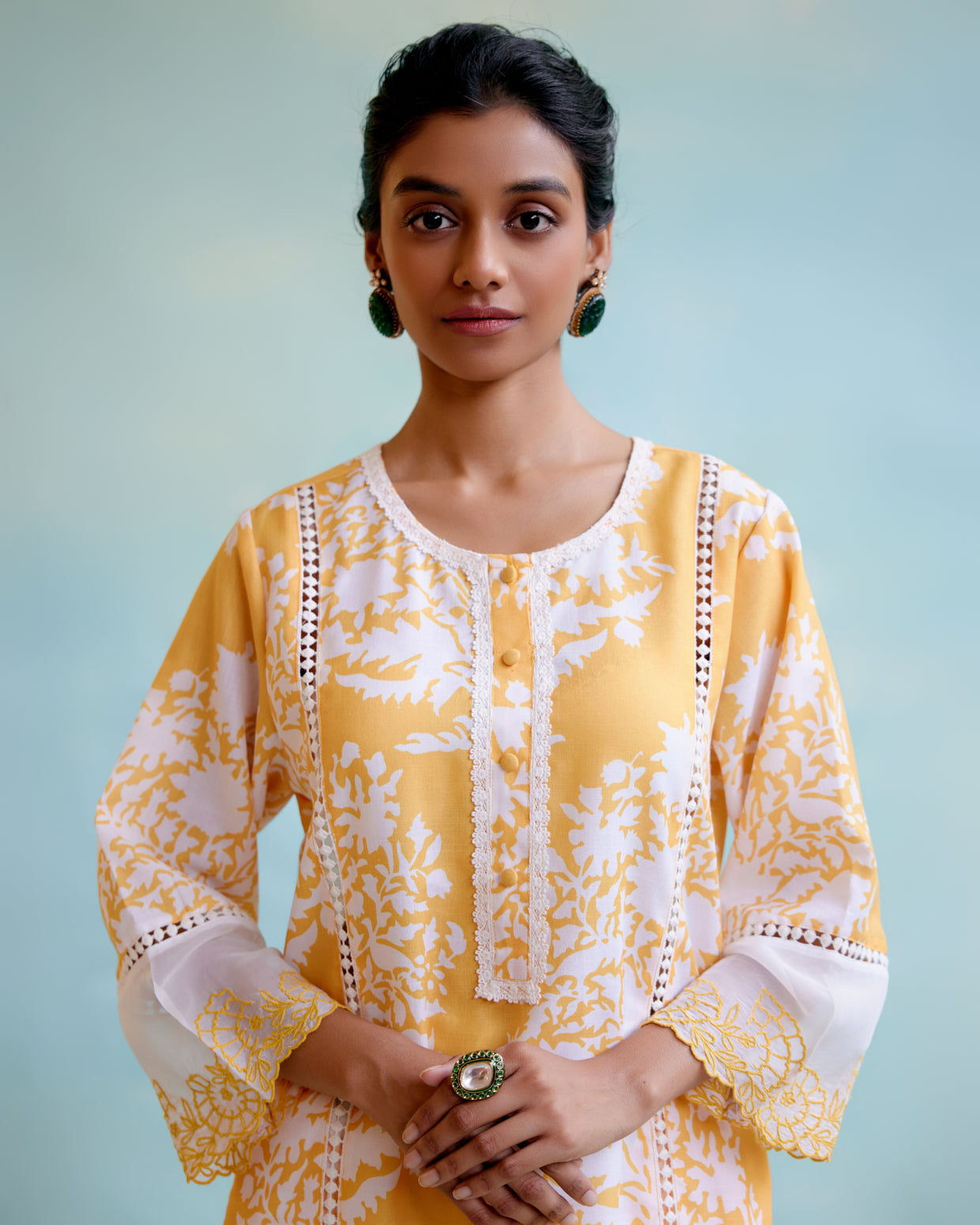 Daisy Yellow Cotton Linen Kurta with Lace Detailing and Embroidered Sleeves