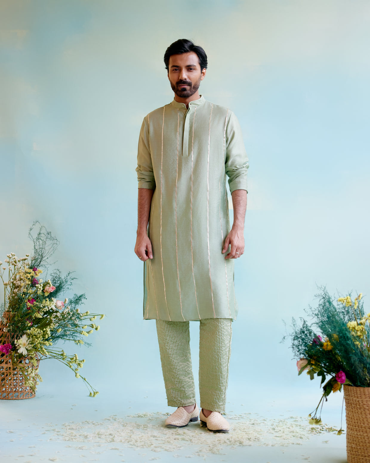 Sage Green Chanderi Gota Kurta with Crushed Stripe Tissue Narrow Pants