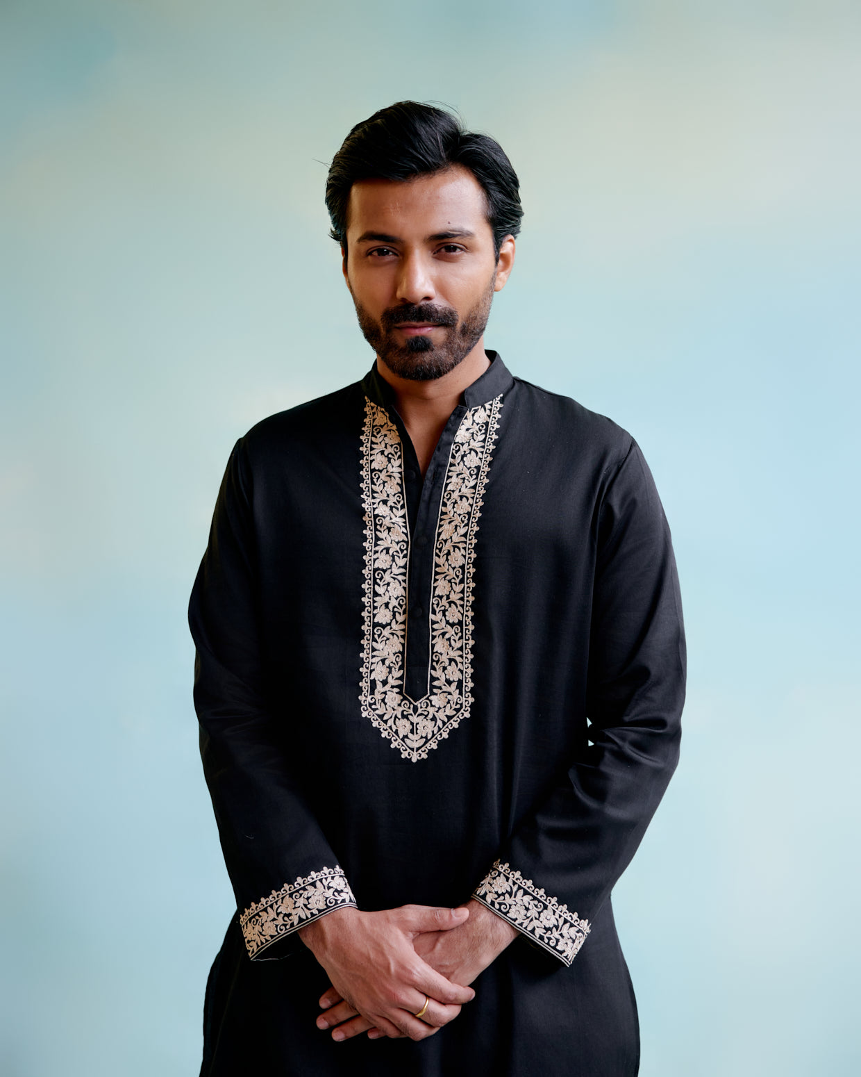 Black Muslin Floral Embroidered Kurta