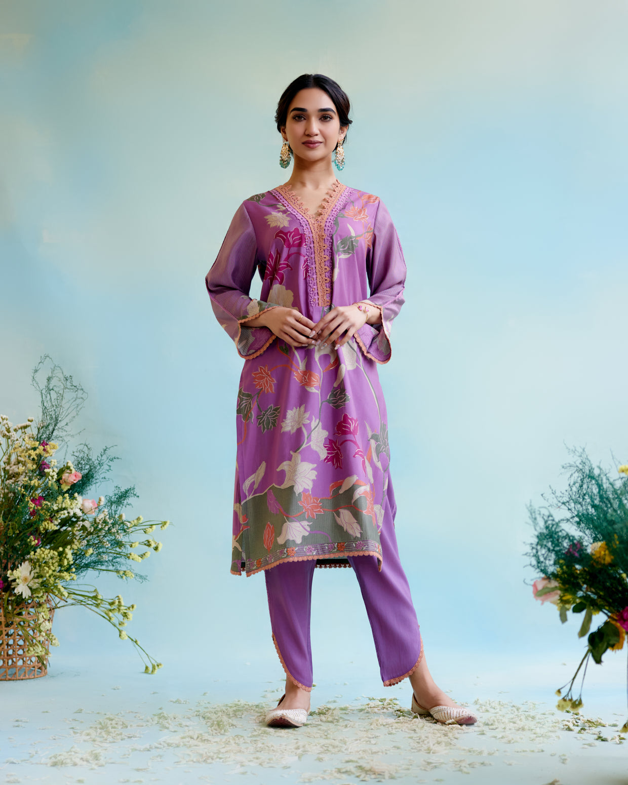 Violet Vale Printer Kurta with delicate lace detailing with Tulip Pants and Dupatta