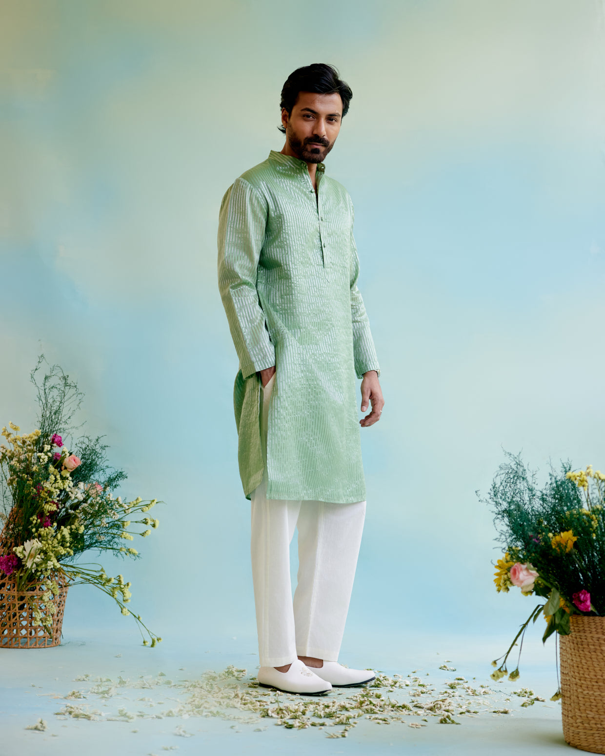 Mint Meadow Crushed Stripe Tissue Kurta with Pure Cotton Narrow Pants