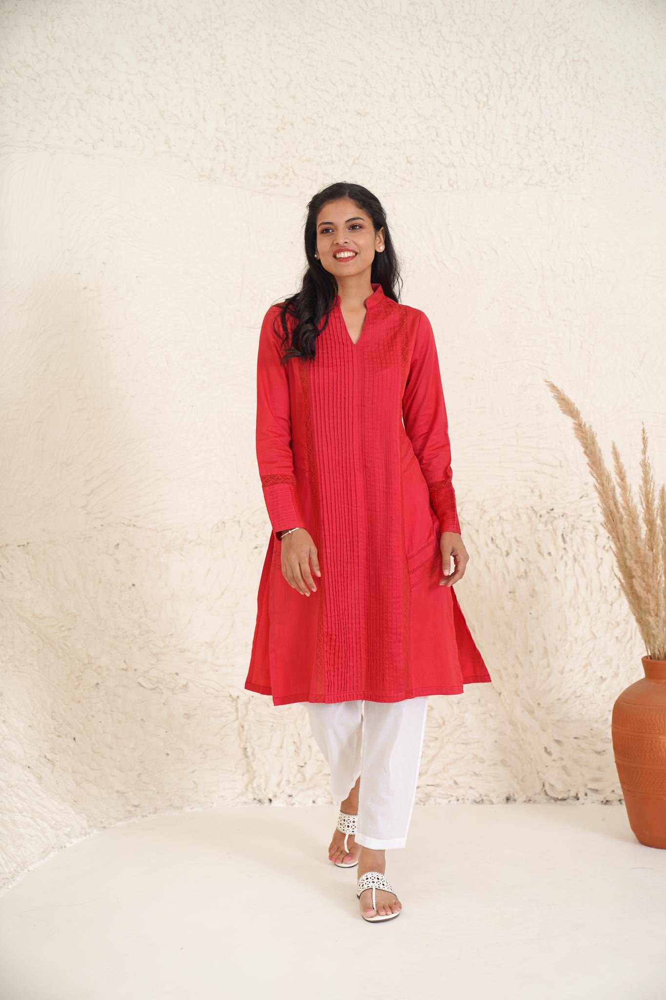 Poppy Red Kurta with Narrow Pants- Set of 2