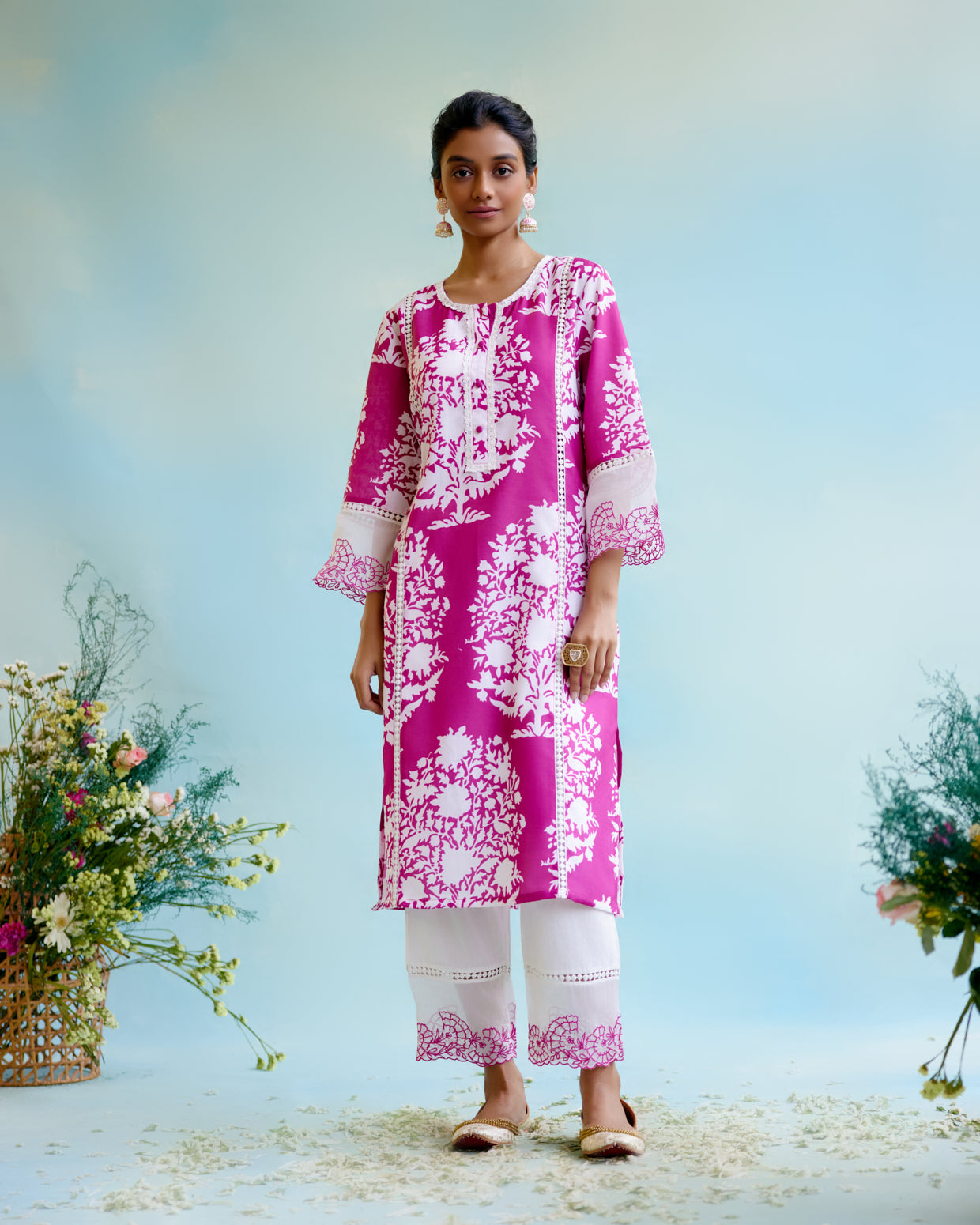 Cranberry Floral Printed Kurta with Narrow Pants