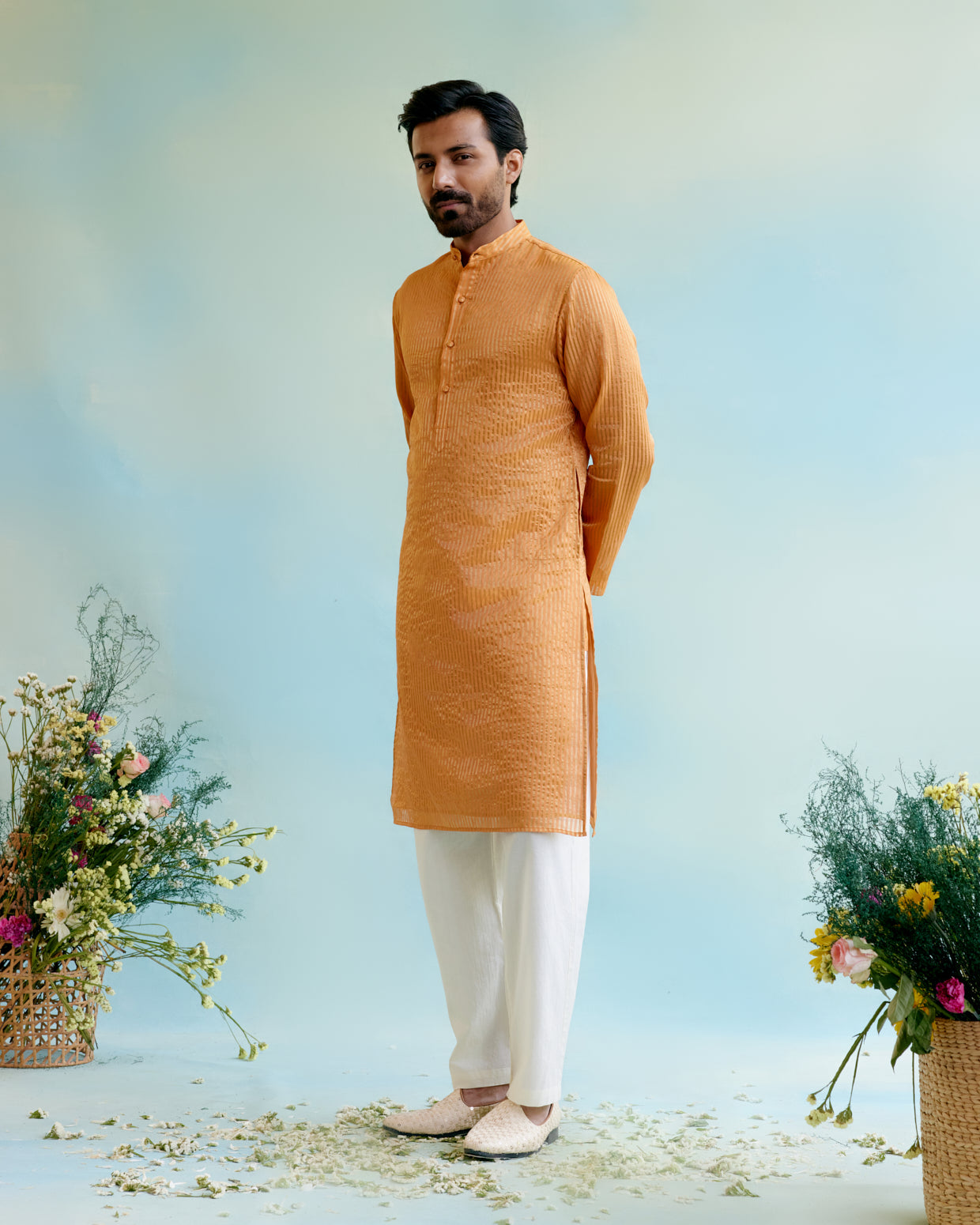 Marigold Petal Crushed Stripe Tissue Kurta with Pure Cotton Narrow Pants