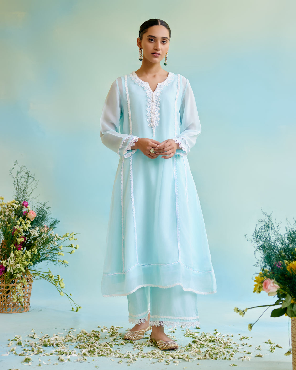 Dreamy Blue Organza Anarkali with Silky Modal Wide Leg Pants