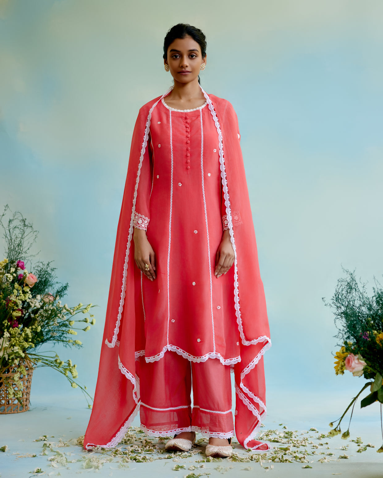 Coral Rose Organza Dupatta with lace detailing