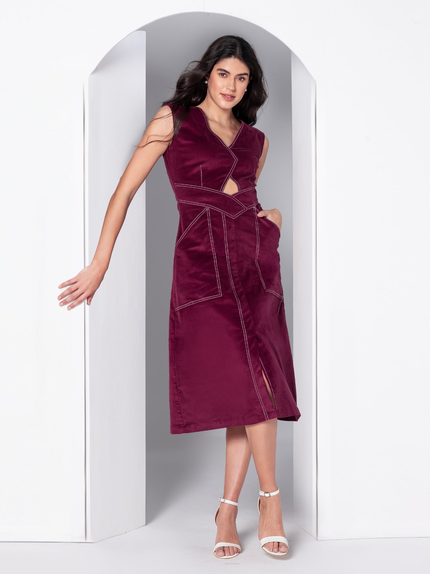 Bordeaux Allure Corduroy Midi Dress