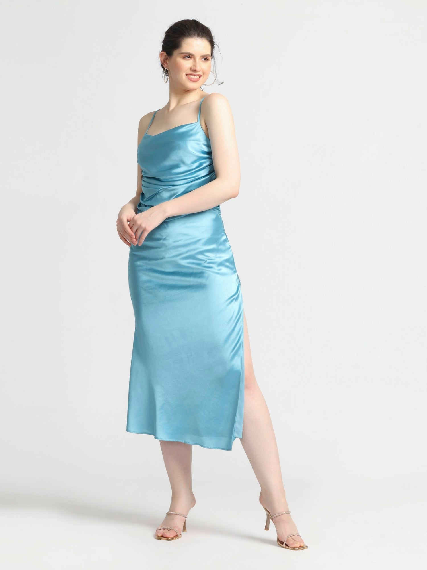 Turquoise Blue Cowl Midi Dress