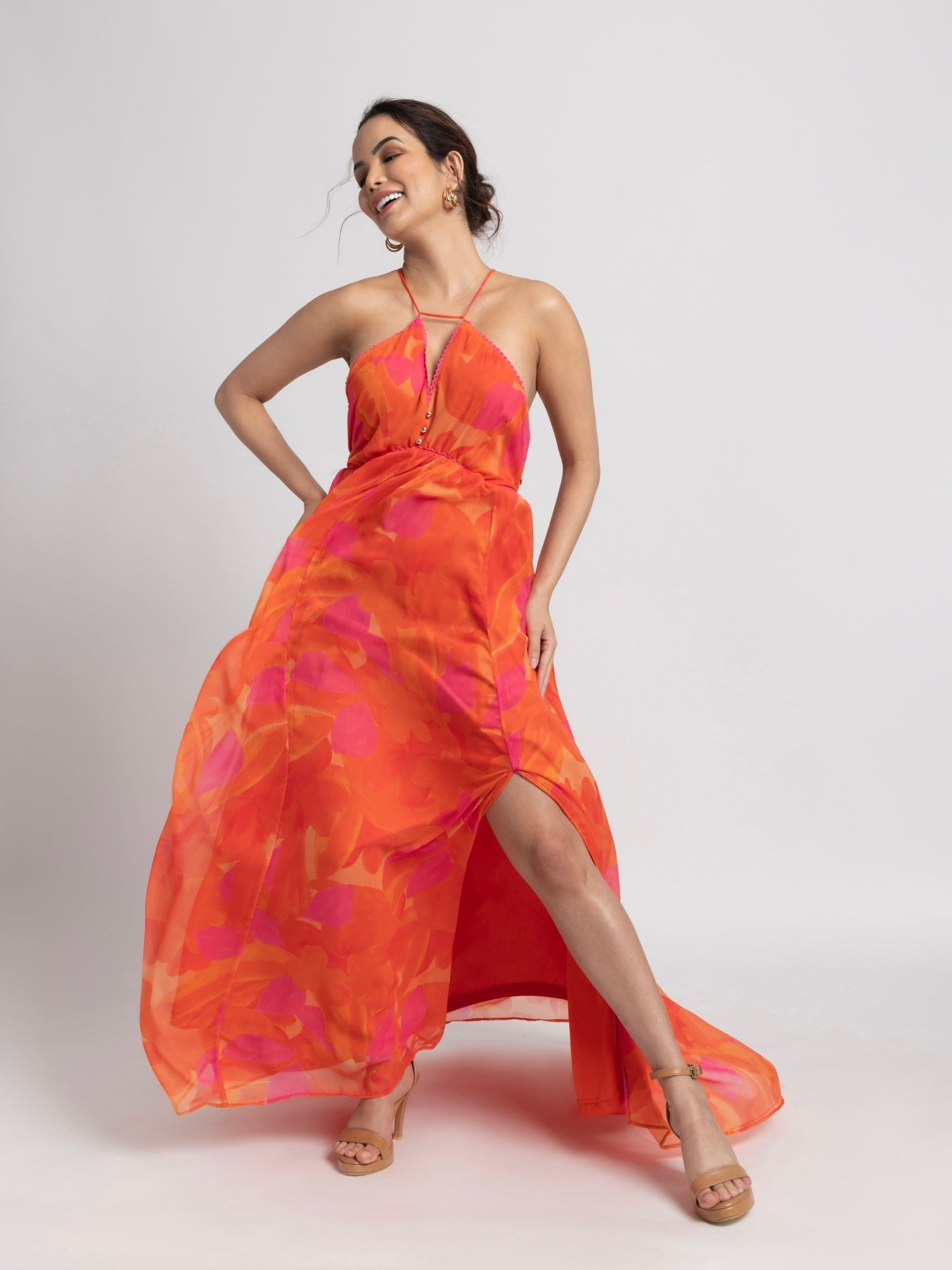Playful Orange Strap Maxi Dress