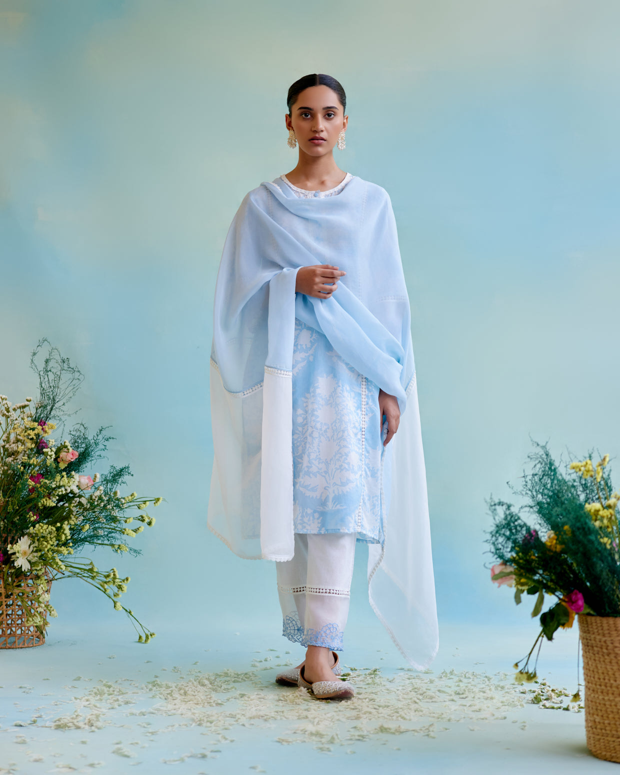 Blue Lily Organza Dupatta with lace detailing