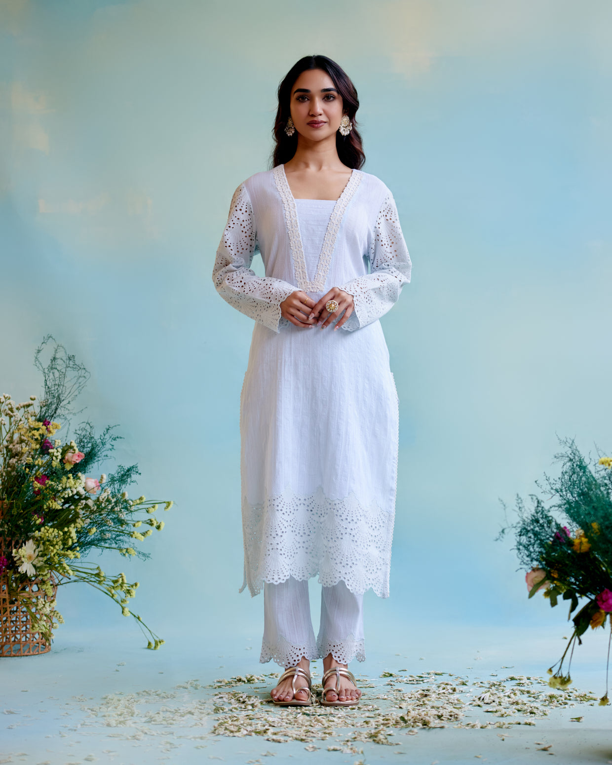 Periwinkle Blue Kurta in Cotton Dobby with Lace Detaling and Scallop Sleeves with Narrow Pants