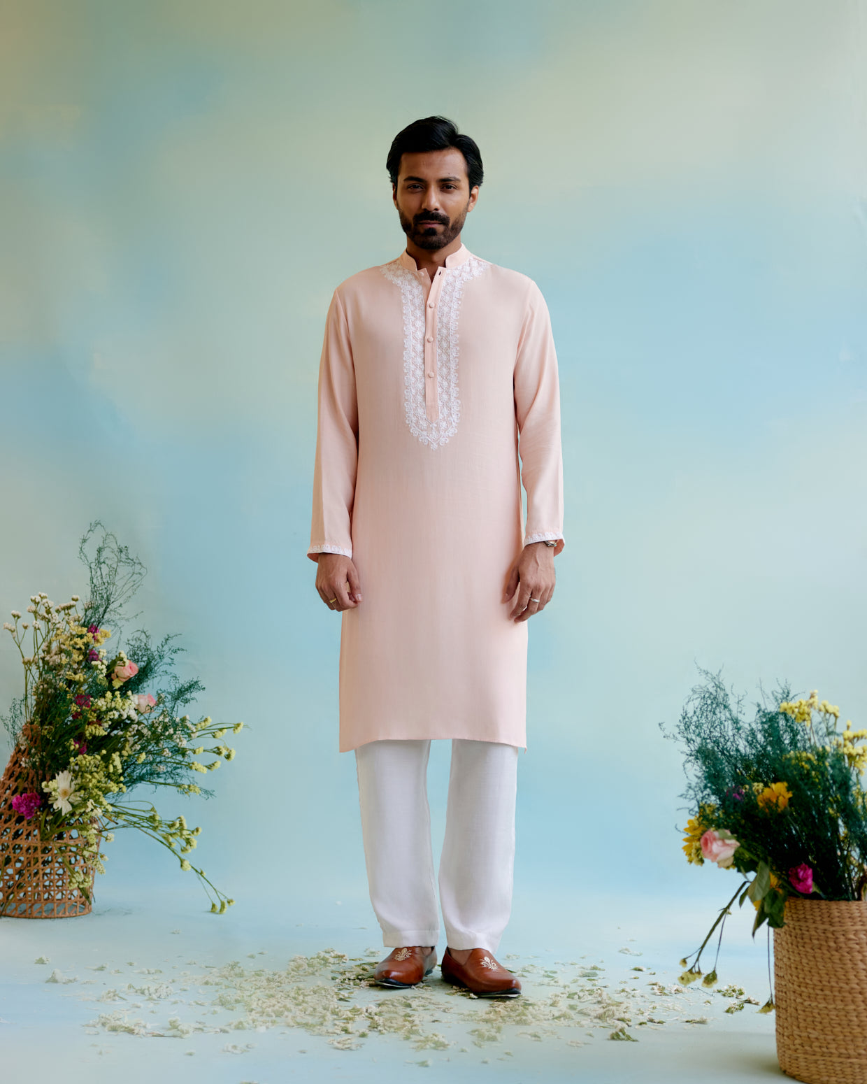 Blush Blossom Linen Georgette Dori Kurta with Pure Cotton Narrow Pants