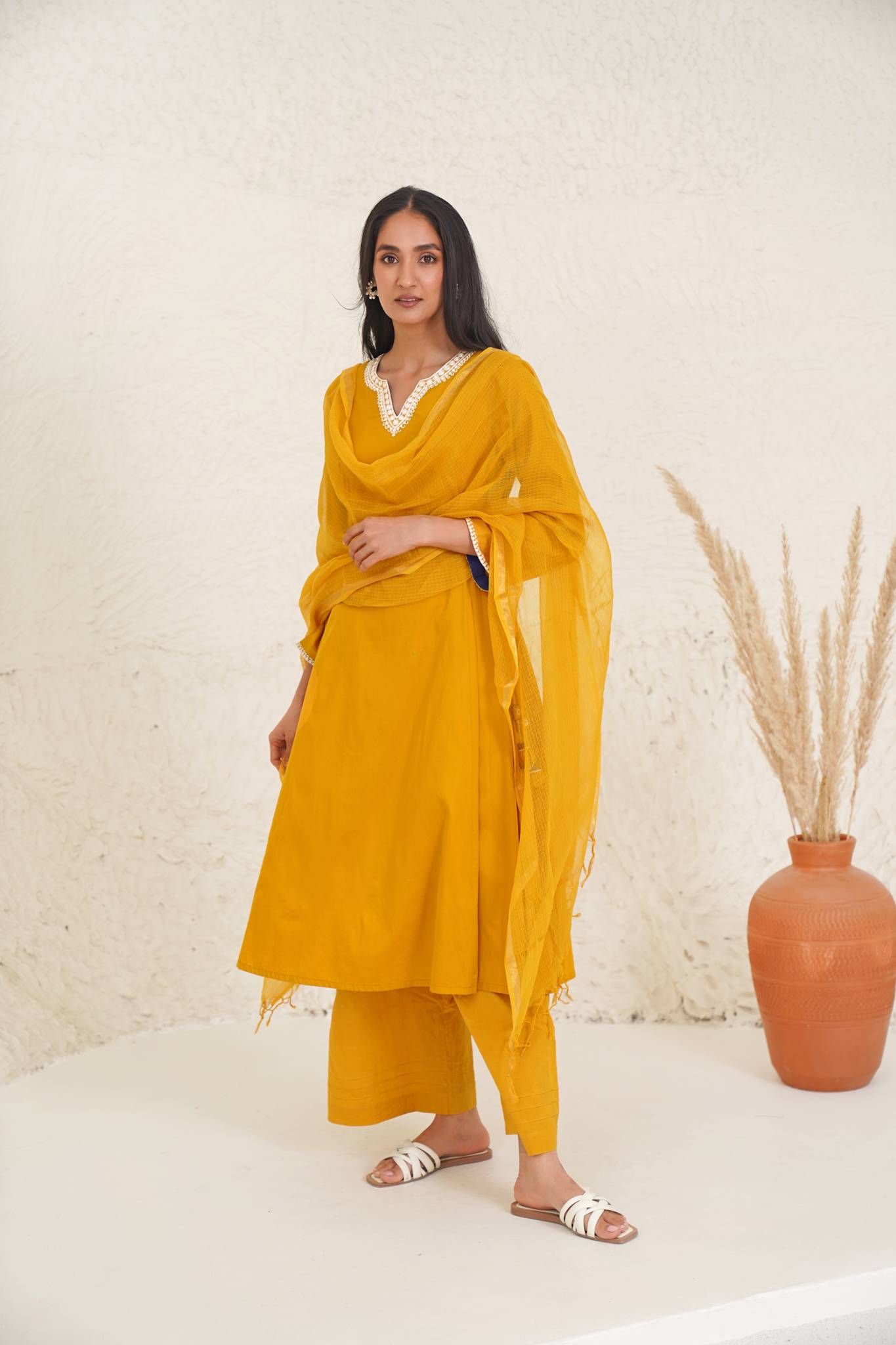 Gold Cashmere Kurta with Wide Leg Pants & Dupatta - Set of 3