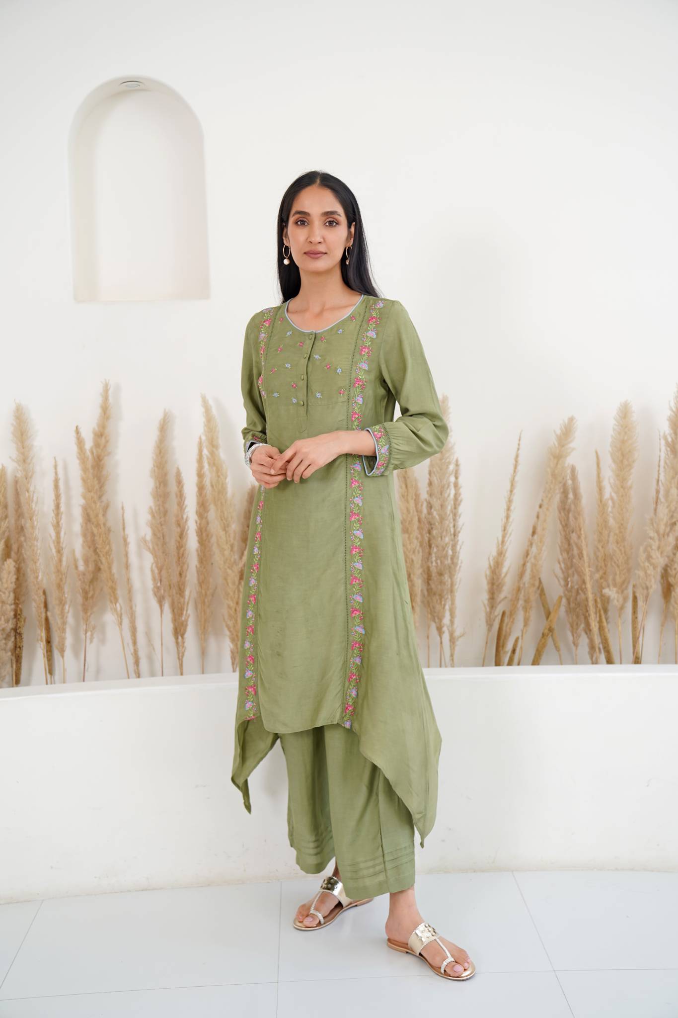 Moss Tone Kurta with Wide Leg Pants- Set of 2