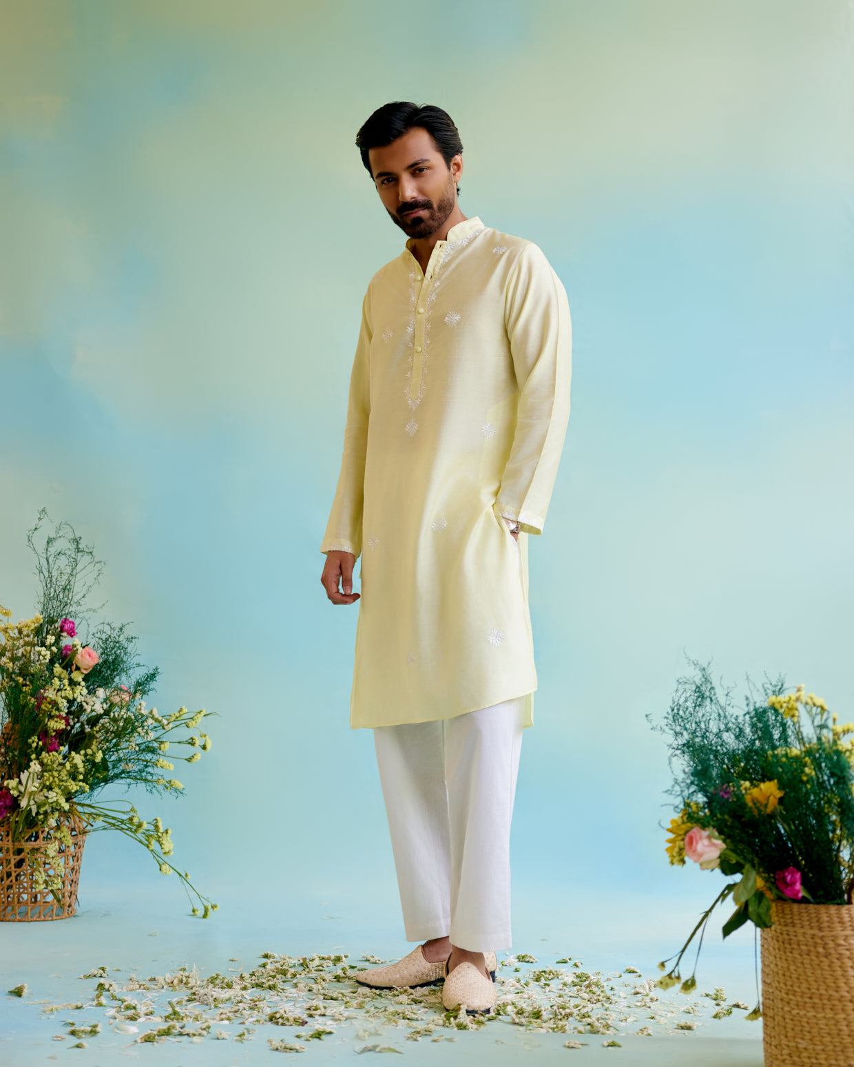 Yellow Sunshine Chanderi Buta Embroidery Kurta with Chanderi Narrow Pants