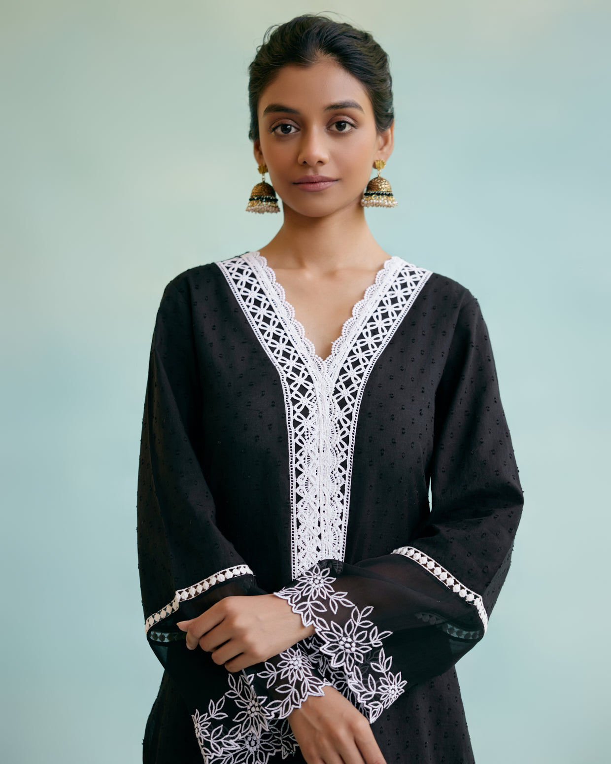 Black Lily Kurta in Cotton Dobby Fabric with Lace detailing and Embroidered Sleeves