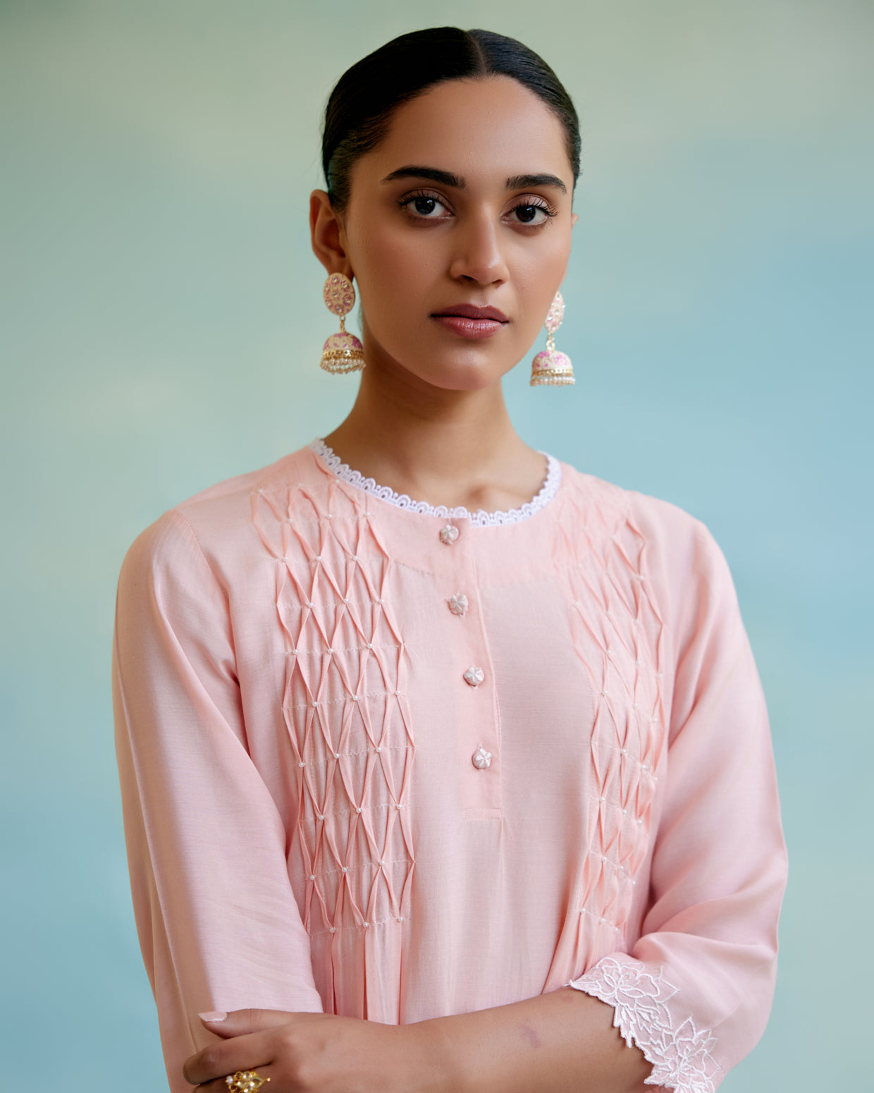 Blossom Pearl Kurta in Silky Modal with Beaded Smocking and Delicate Lace Detaling