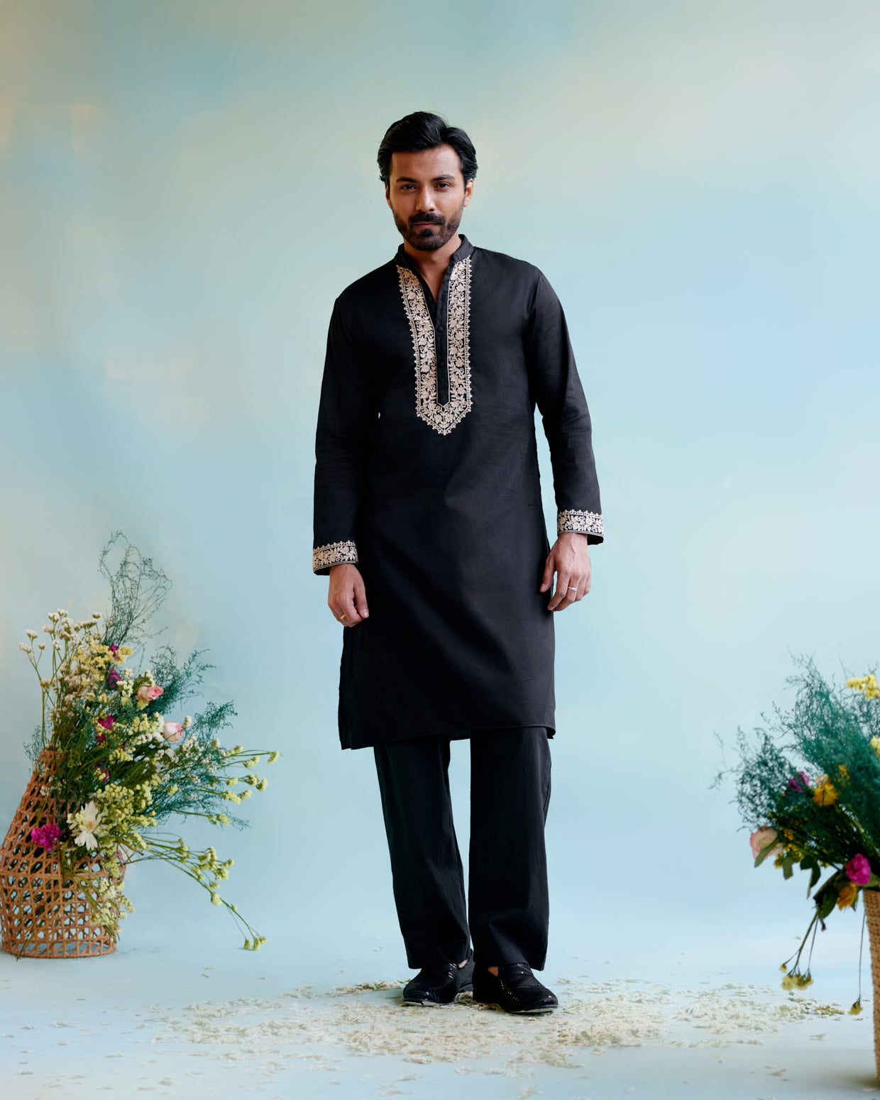 Black Muslin Embroidered Kurta with Pure Cotton Narrow Pants