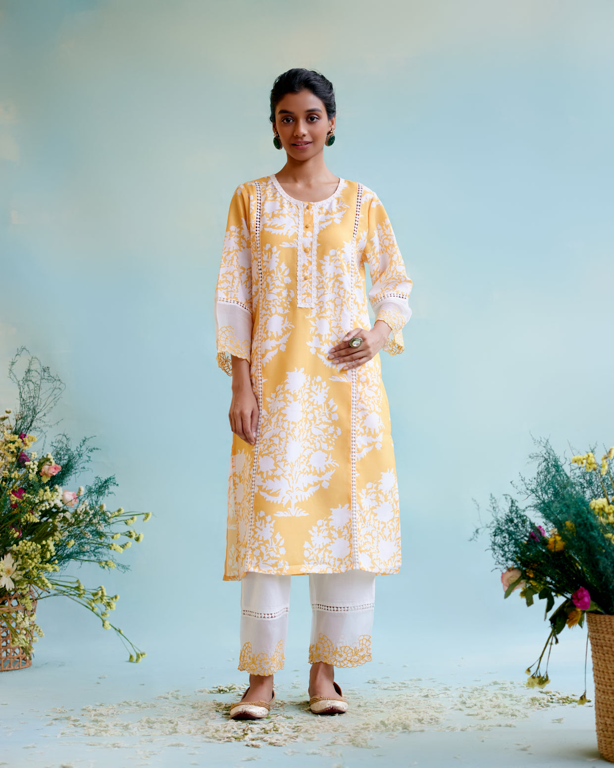 Daisy Yellow Cotton Linen Kurta with Narrow Pants