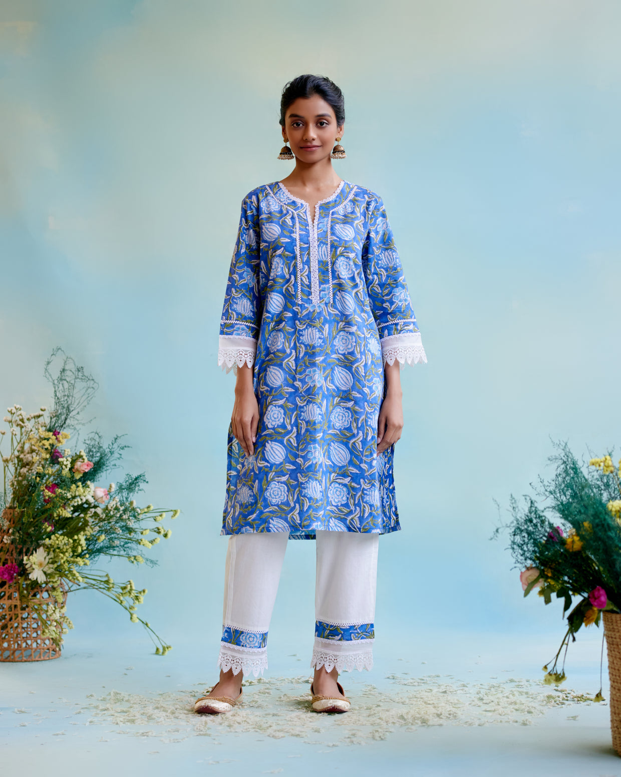 Indigo Muse Cotton Kurta with delicate lace detailing with Narrow Pants