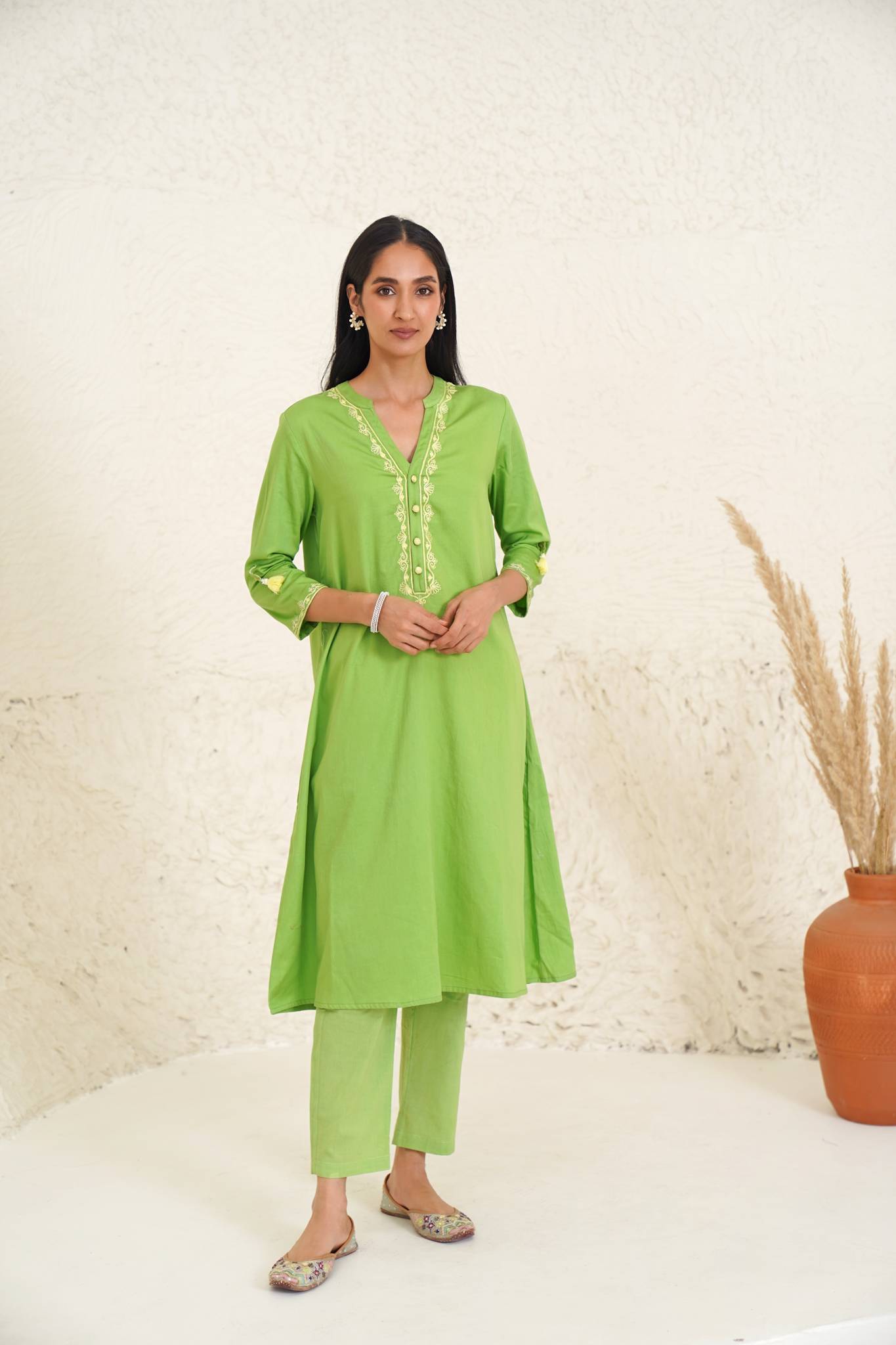 Fresh Foliage Kurta with Narrow Pants- Set of 2