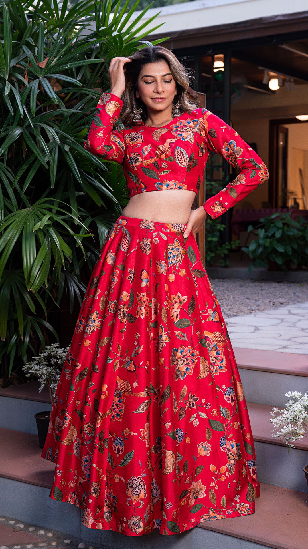 BIRDS OF PARADISE SILK LEHENGA SET - RED