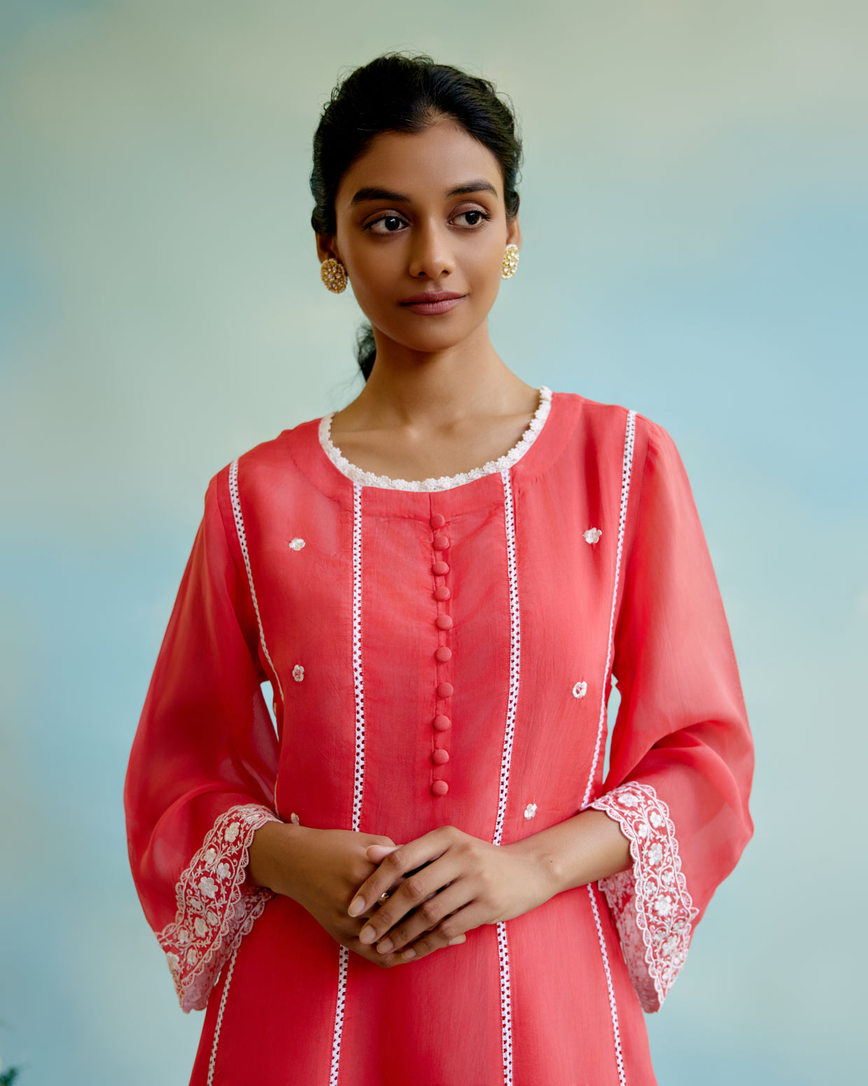 Coral Rose Organza Anarkali Kurta with Lace Detailing and Floral Embroidery