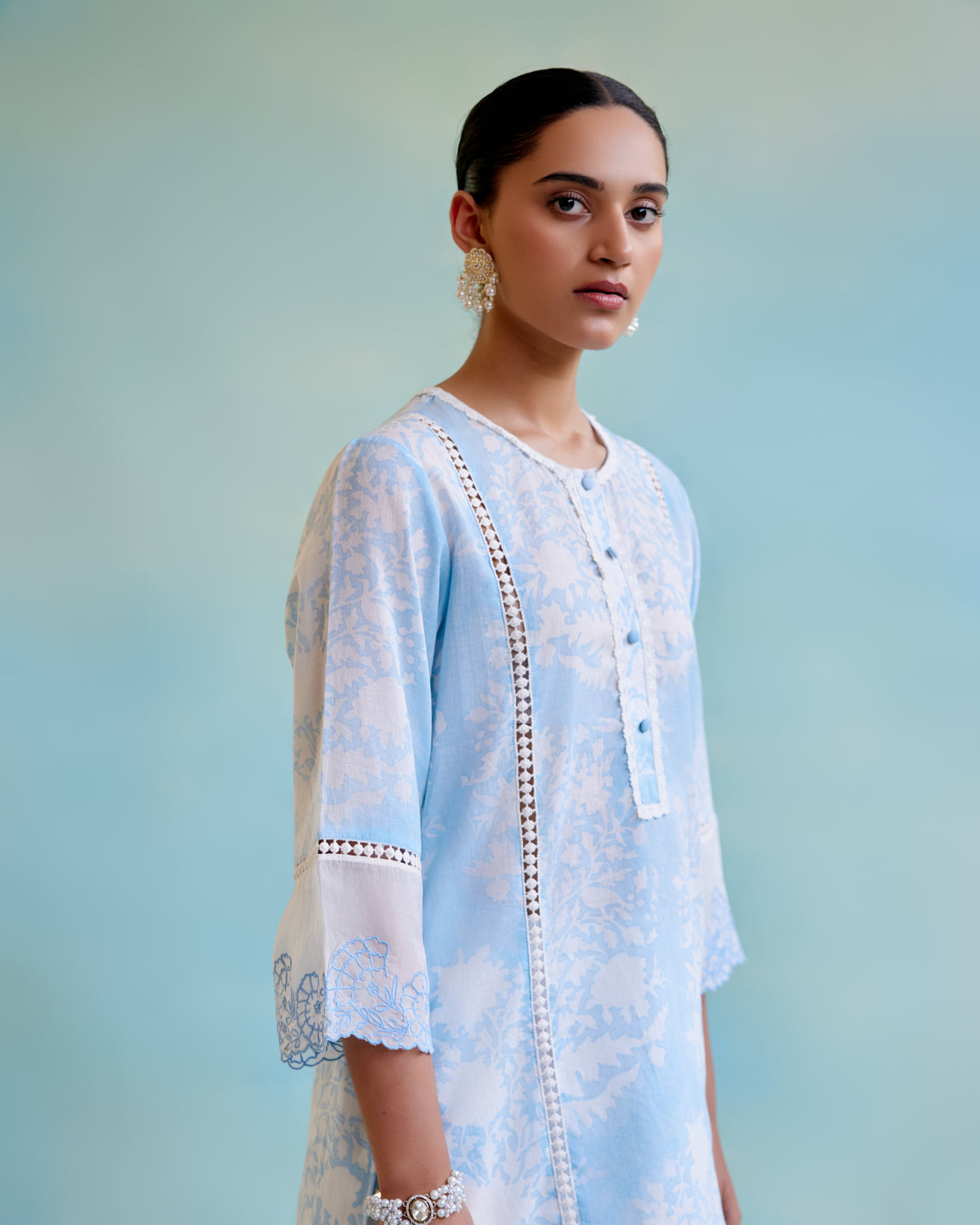 Blue Lily Hand Block Kurta with Lace Detailing and Embroidered Sleeves