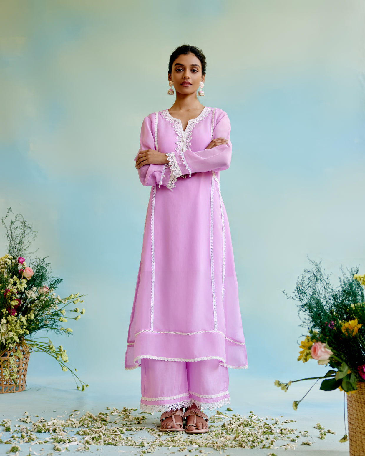 Lilac Glory Organza Anarkali with Silky Modal Wide Leg Pants