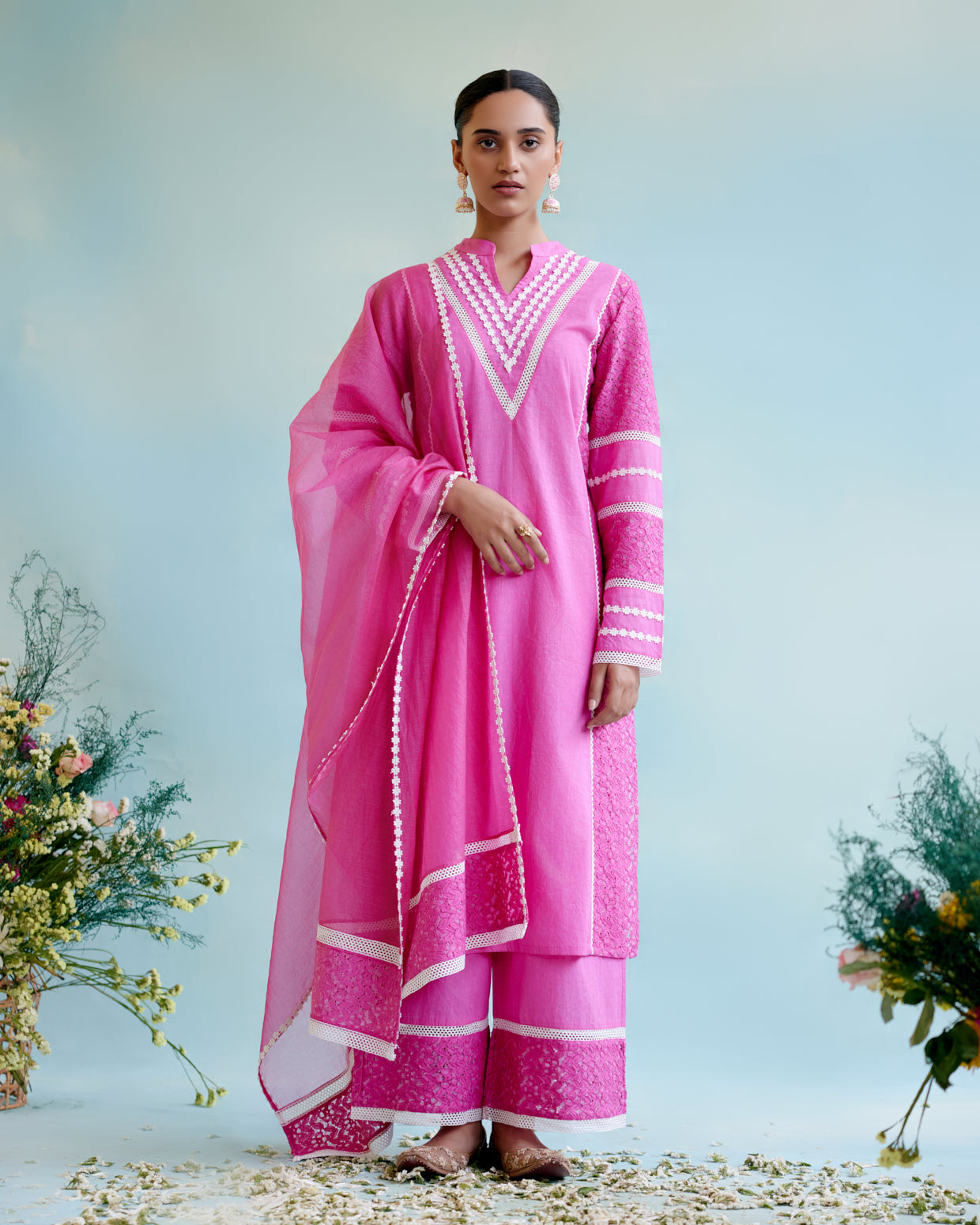 Neon Pink Satka Net Dupatta with lace detailing