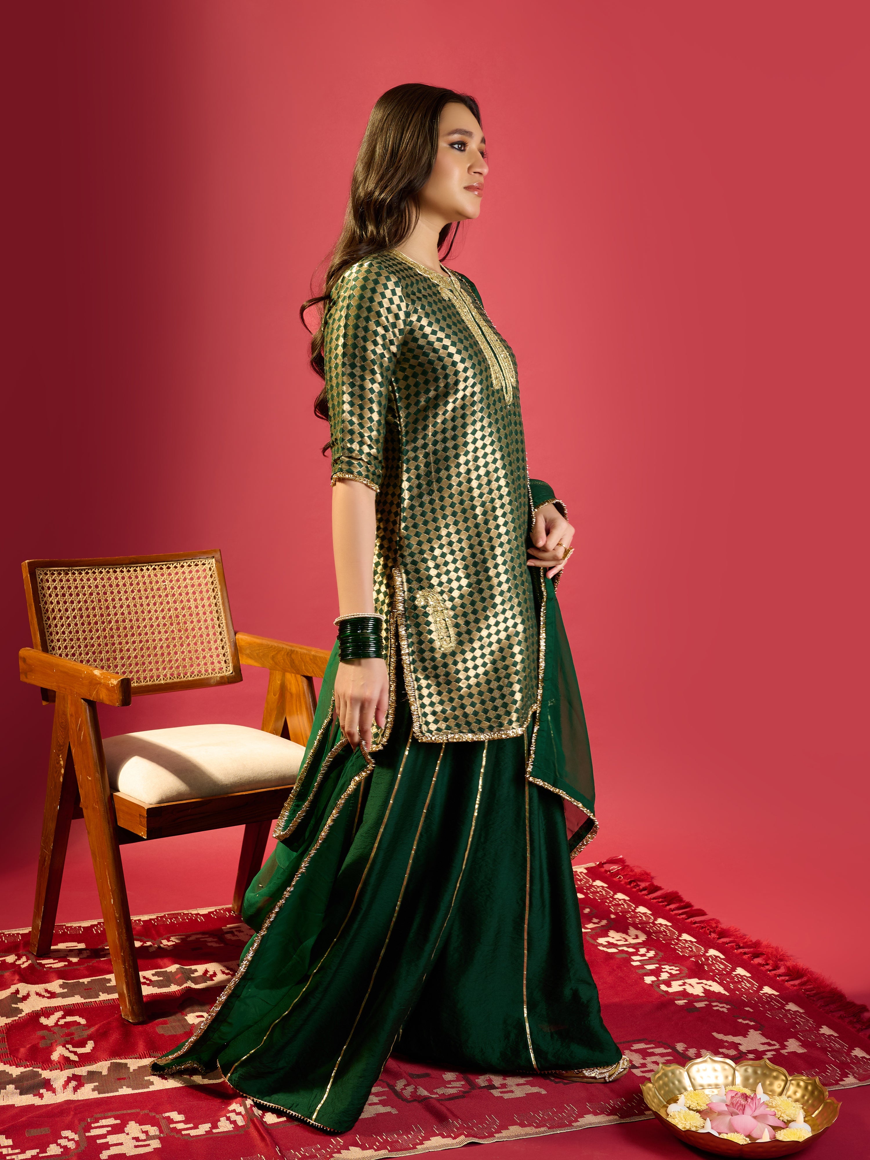 Bottle Green Barfi Kurta Palazzo Set