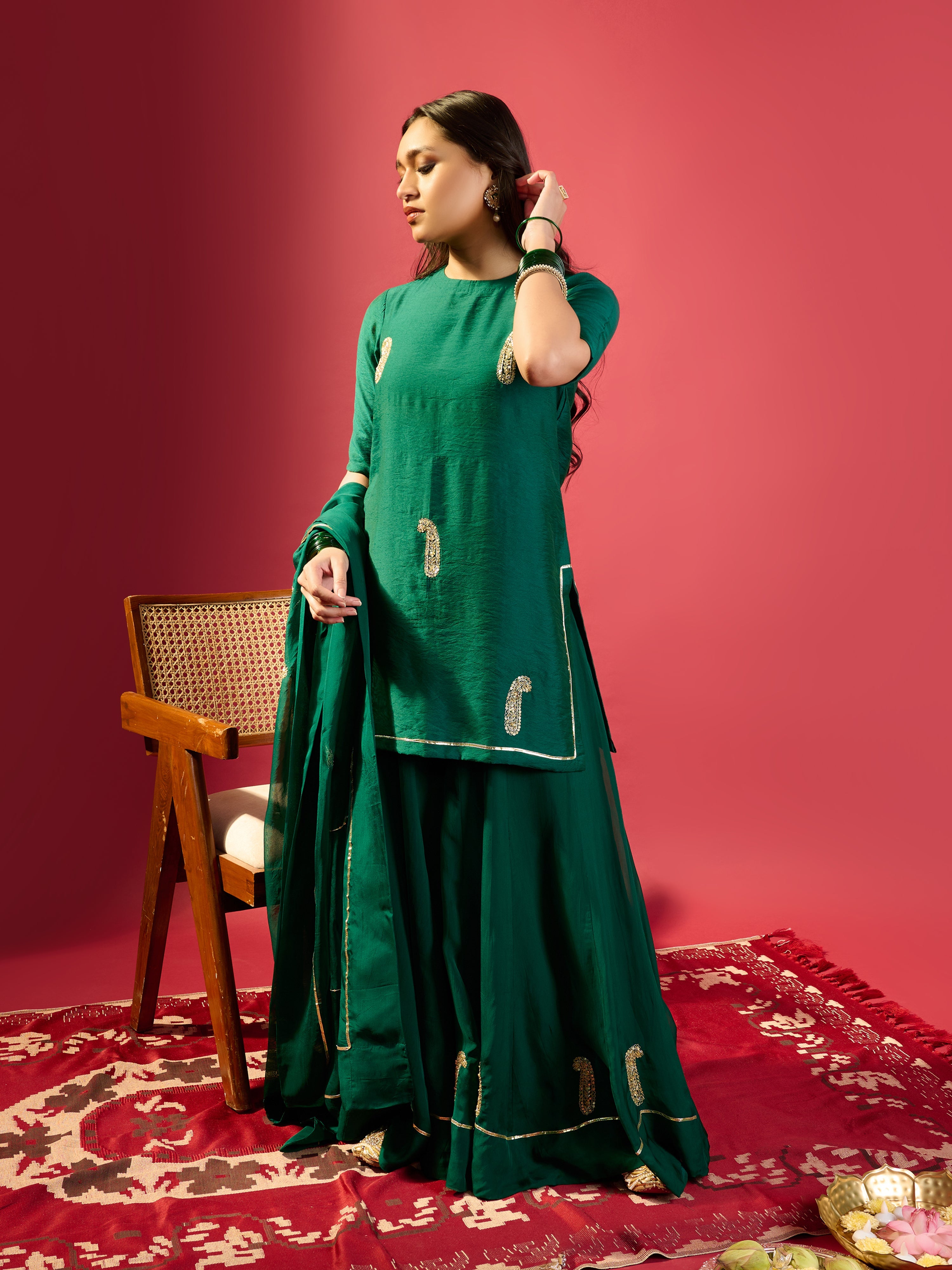 Rama Green Keri Butta Kurta Palazzo With Jaal Dupatta