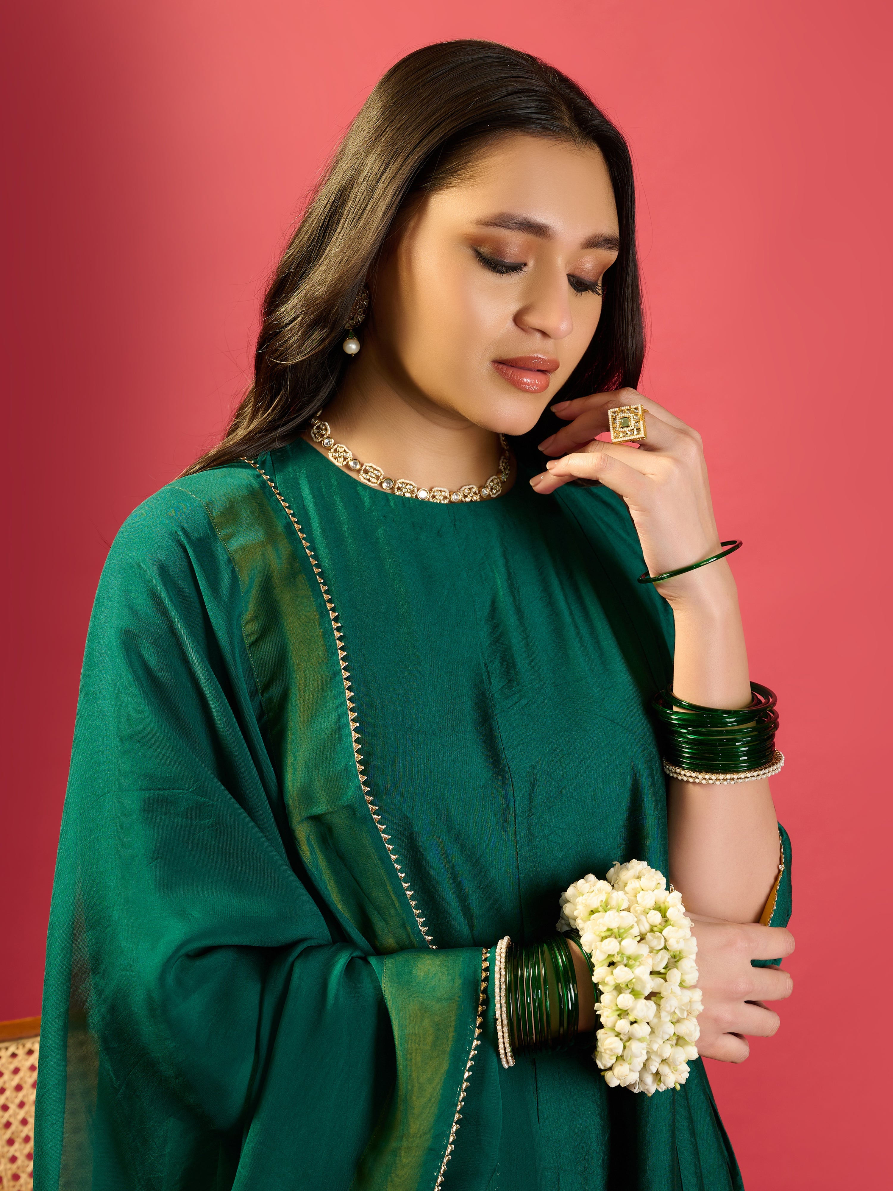 Rama Green Shoulder Kali Kurta With Pant And Dupatta