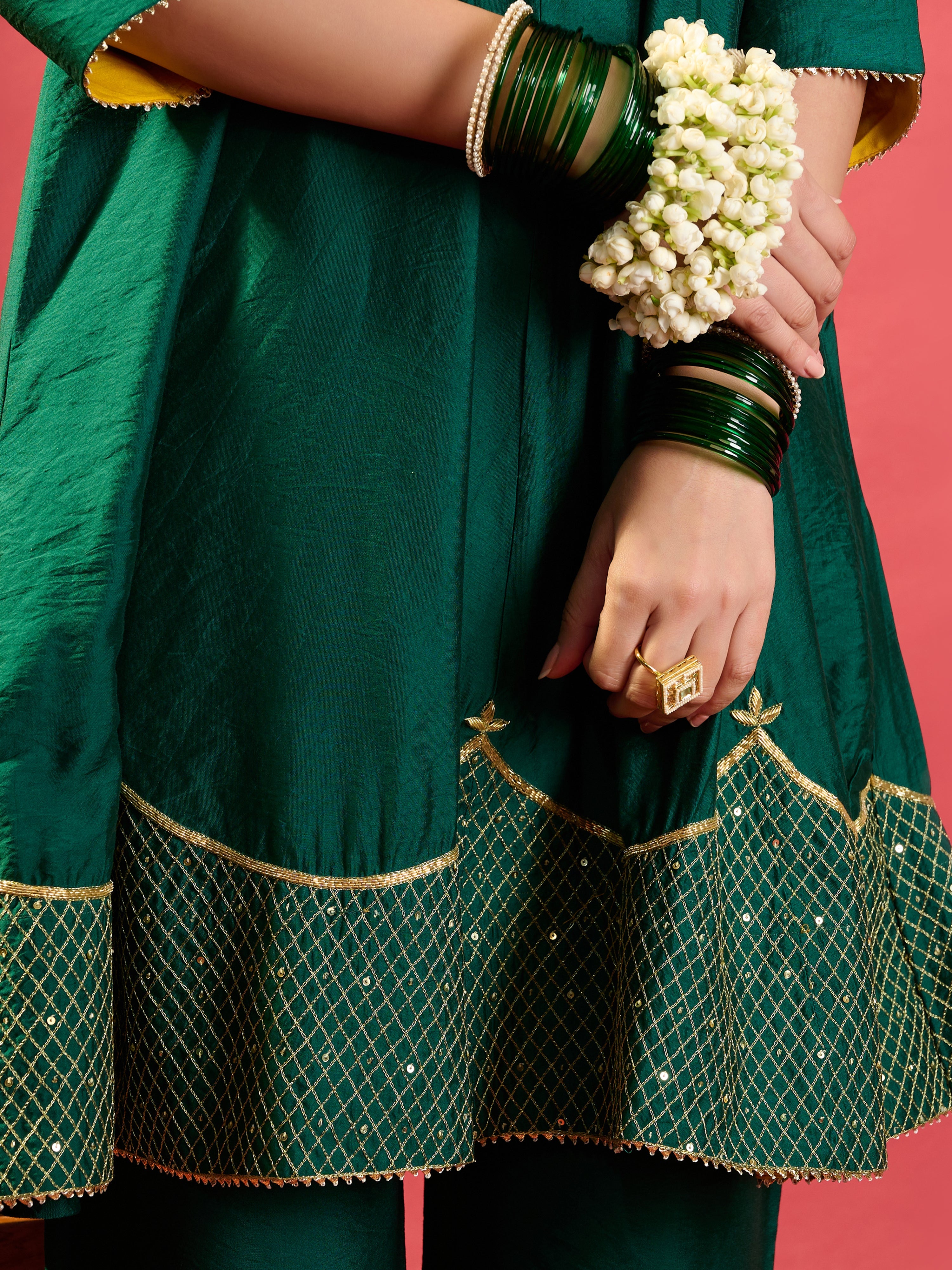 Rama Green Shoulder Kali Kurta With Pant And Dupatta