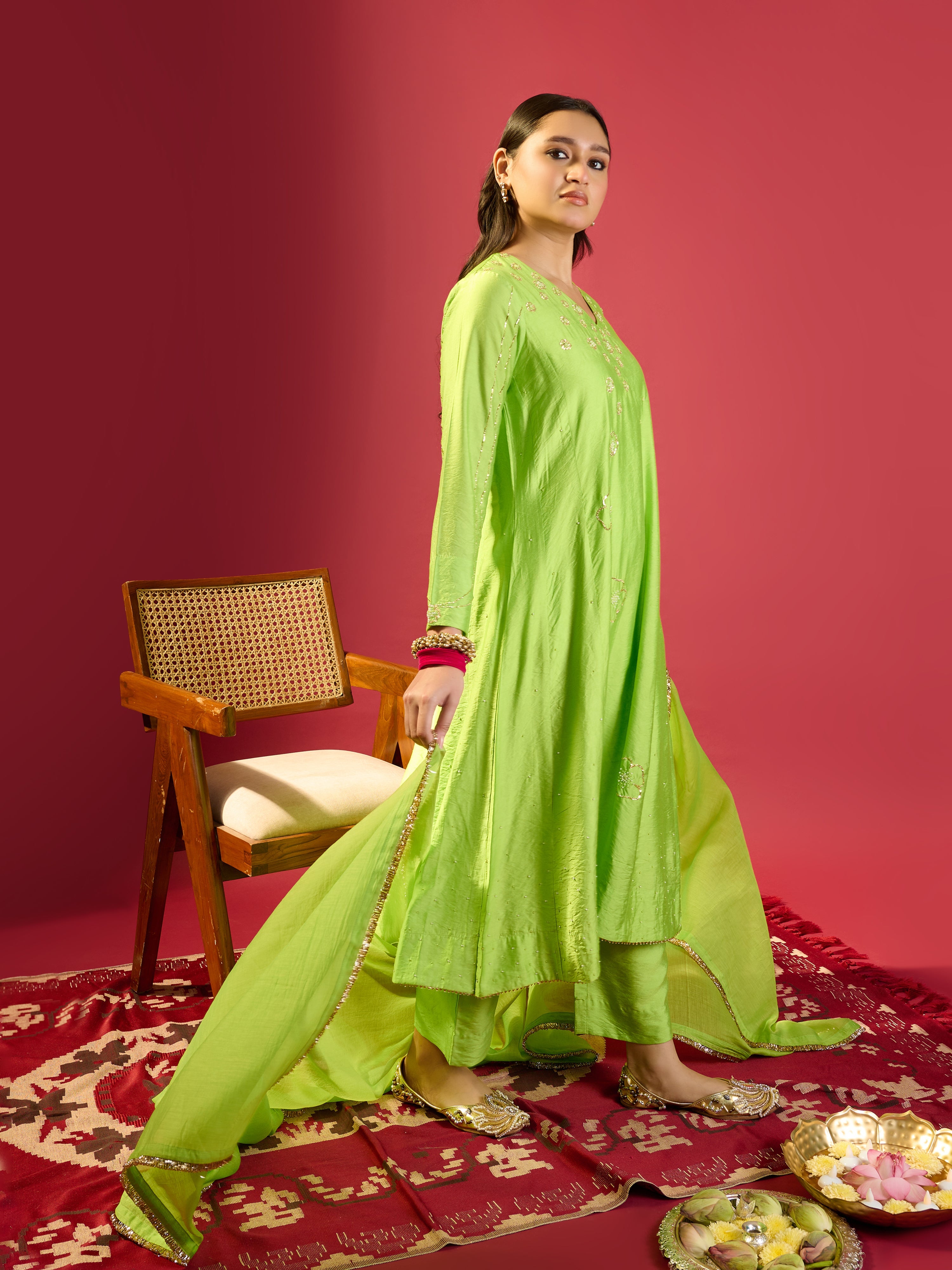 Parrot Green Kali Kurta Set