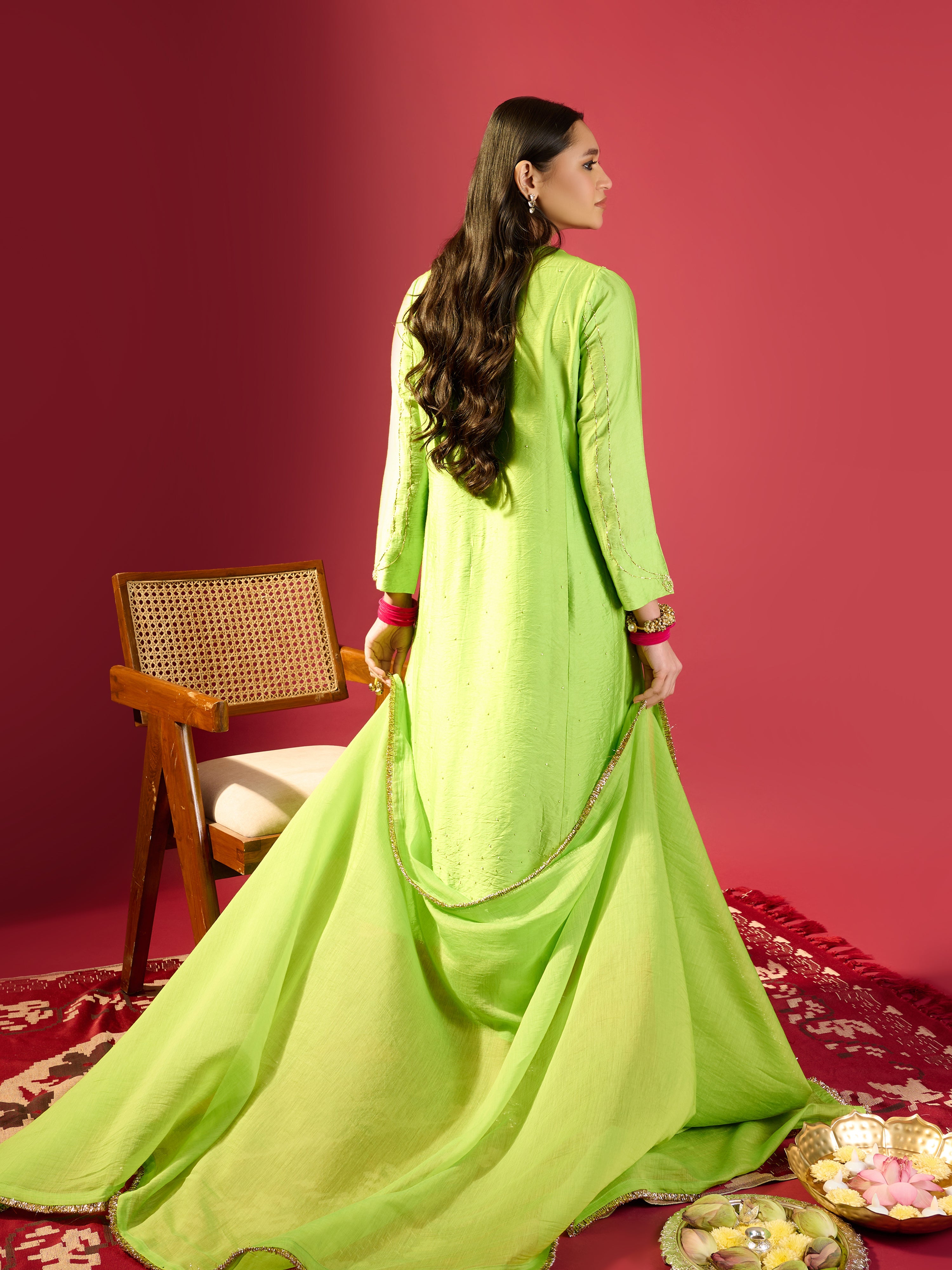 Parrot Green Kali Kurta Set