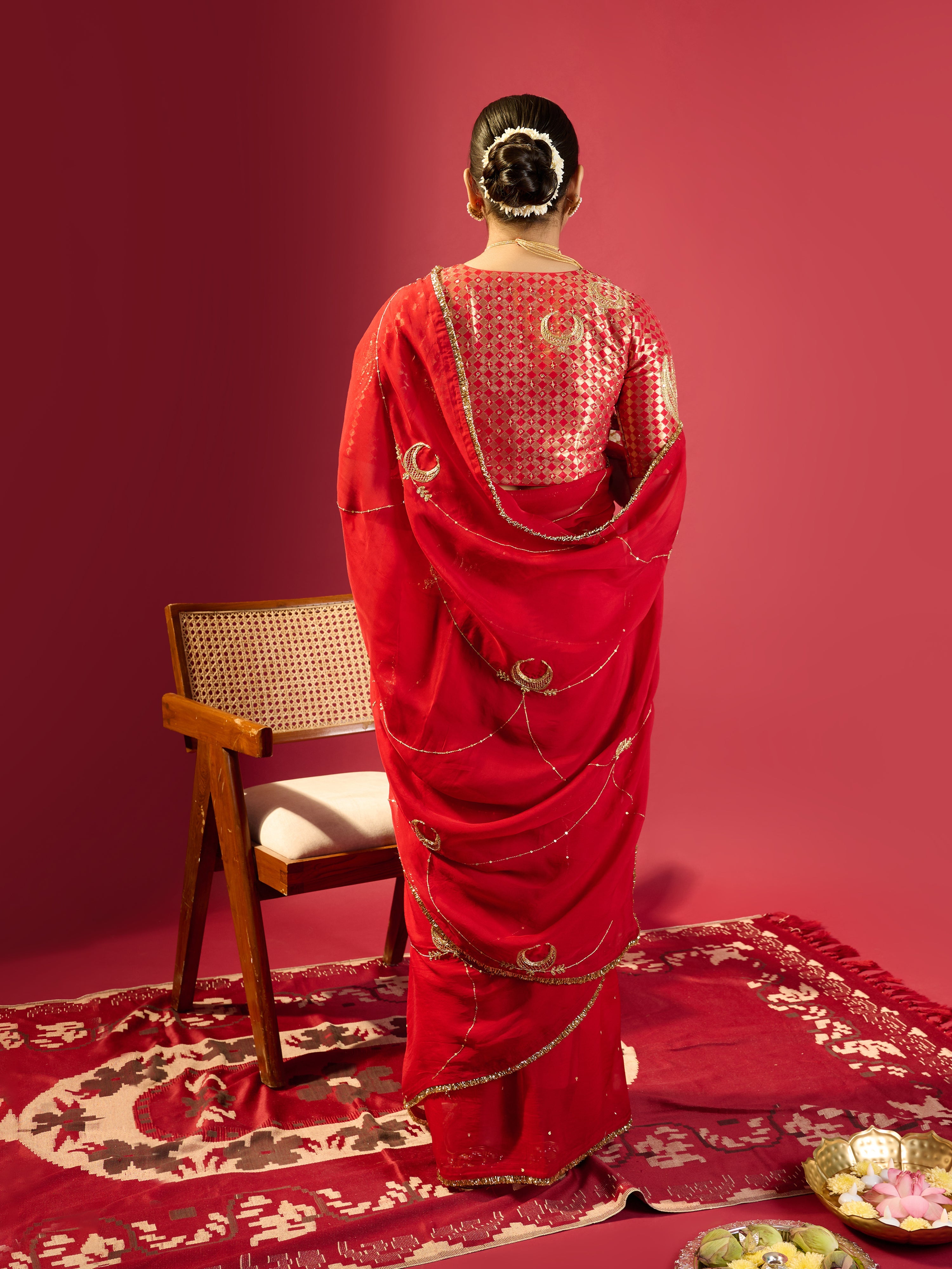 Red Chand Jaal Saree With Barfi Chand Blouse