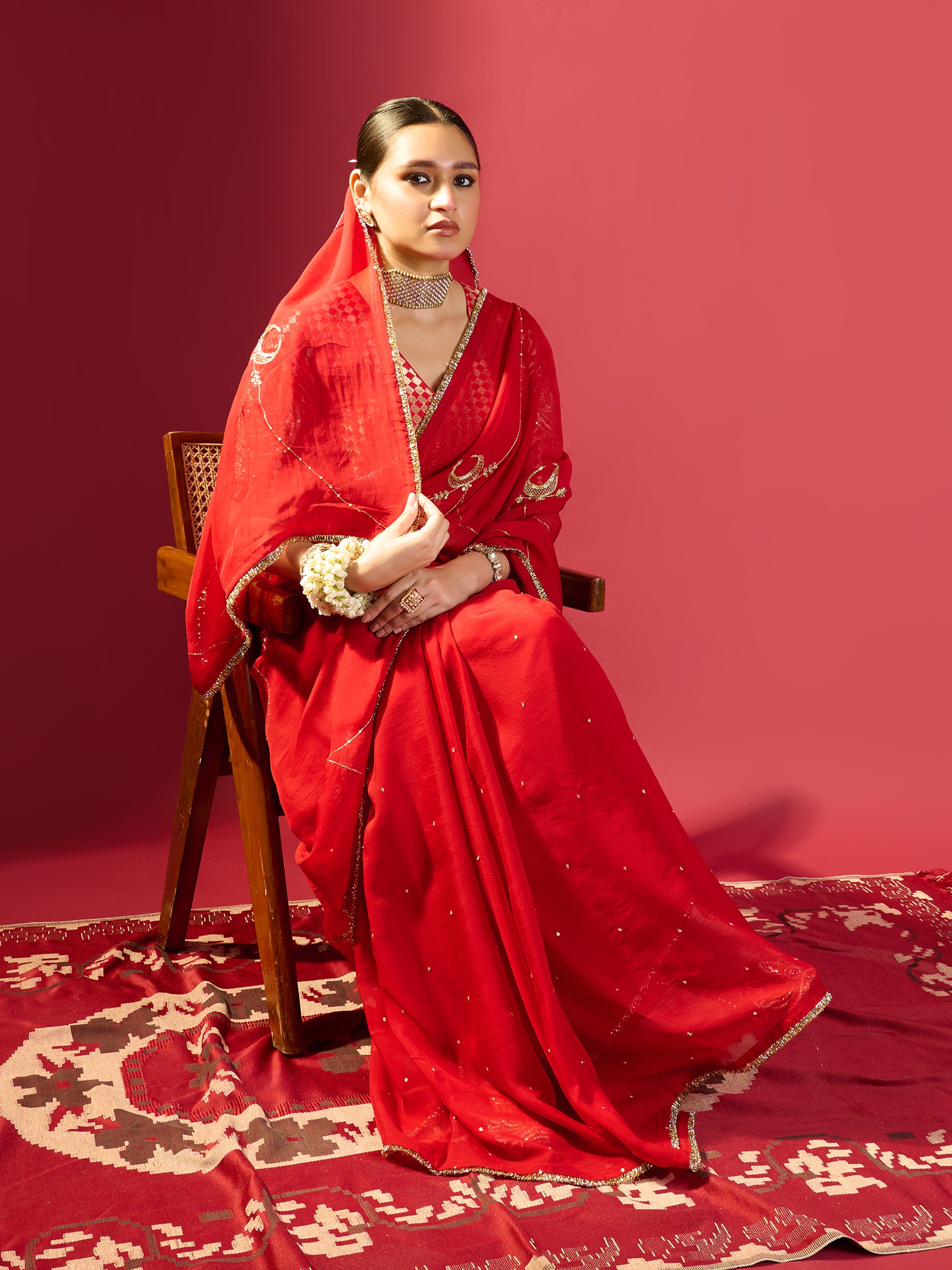 Red Chand Jaal Saree With Barfi Chand Blouse