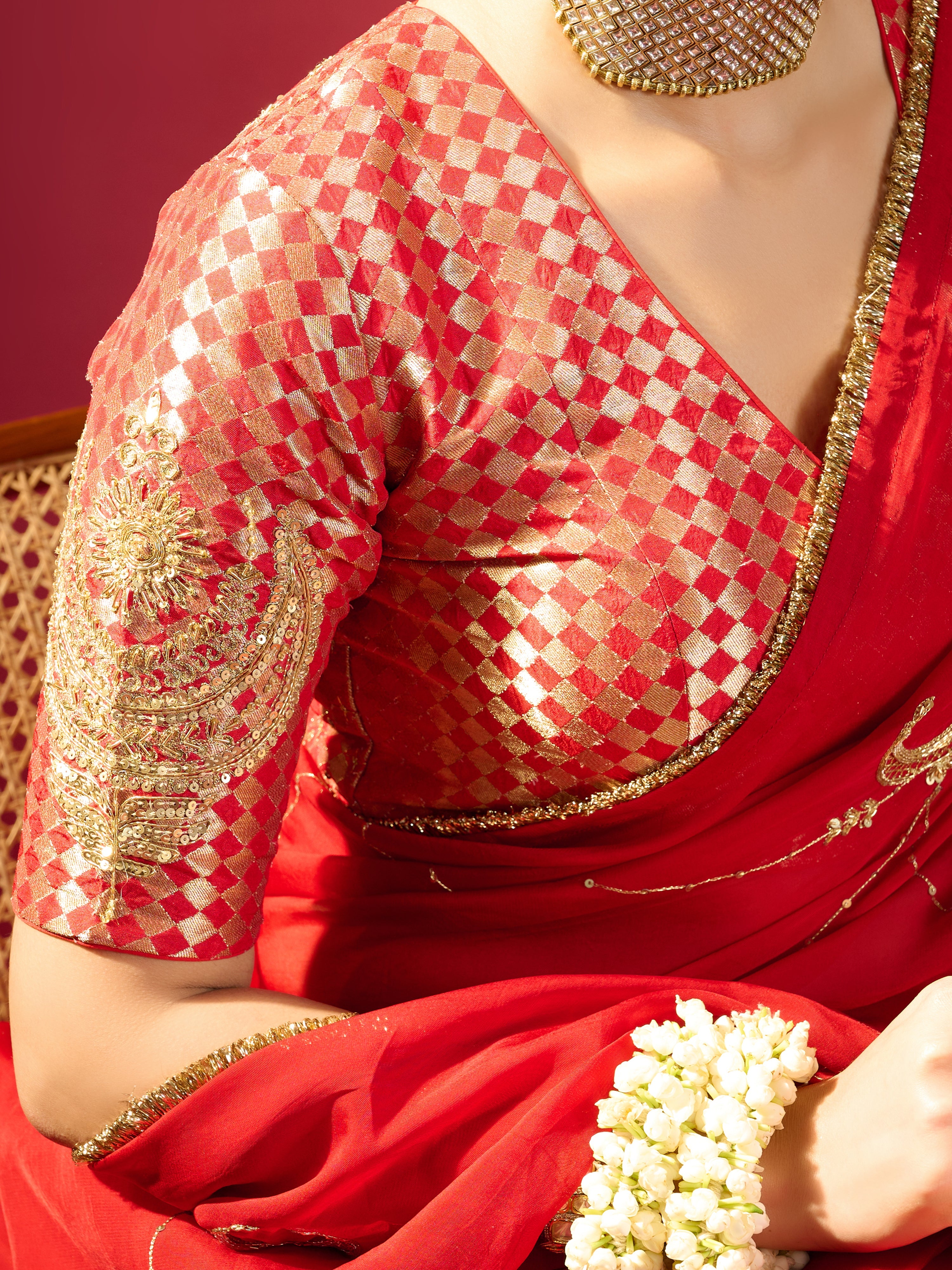 Red Chand Jaal Saree With Barfi Chand Blouse