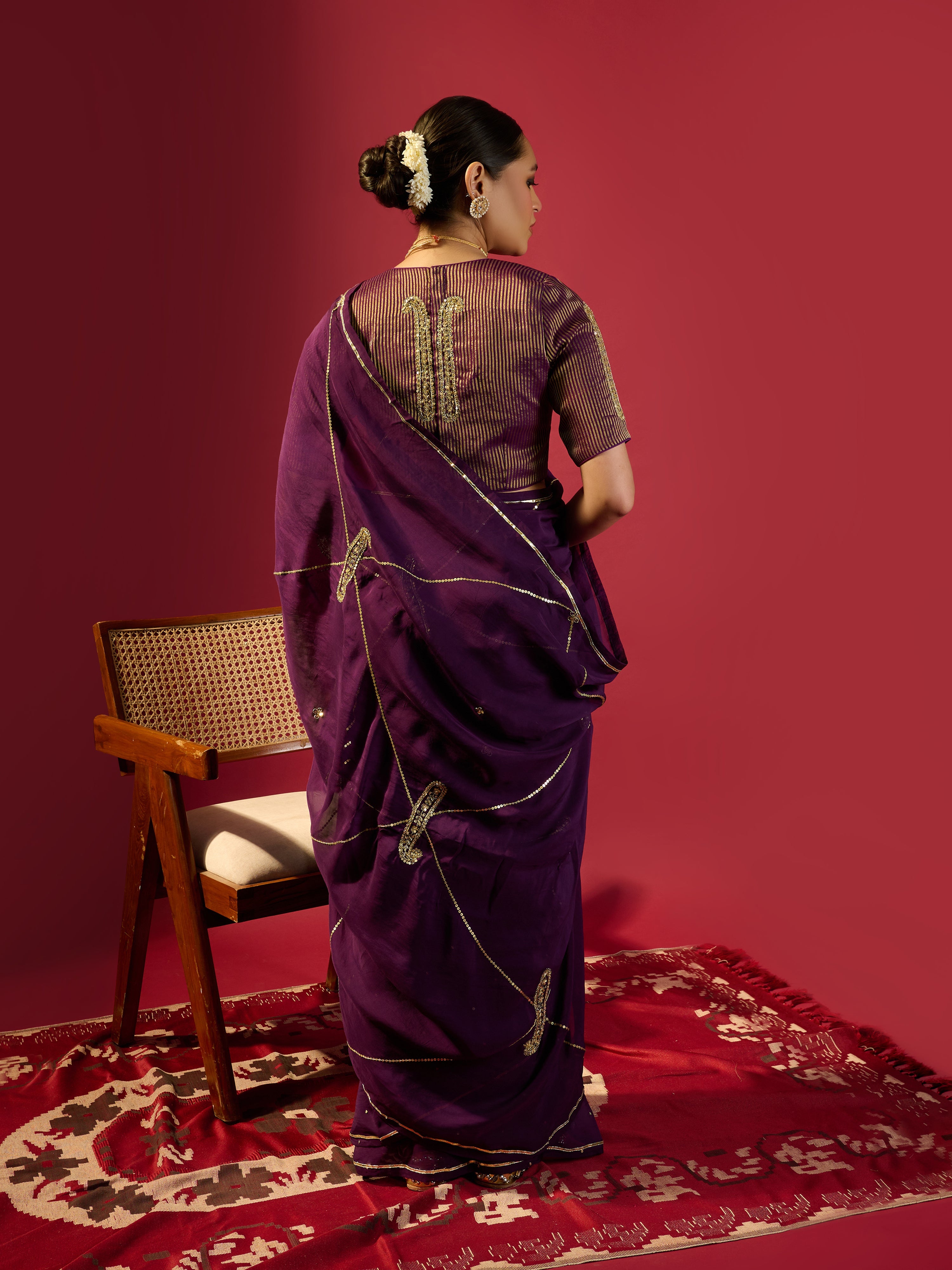 Deep Purple Keri Jaal Saree With Stripe Blouse